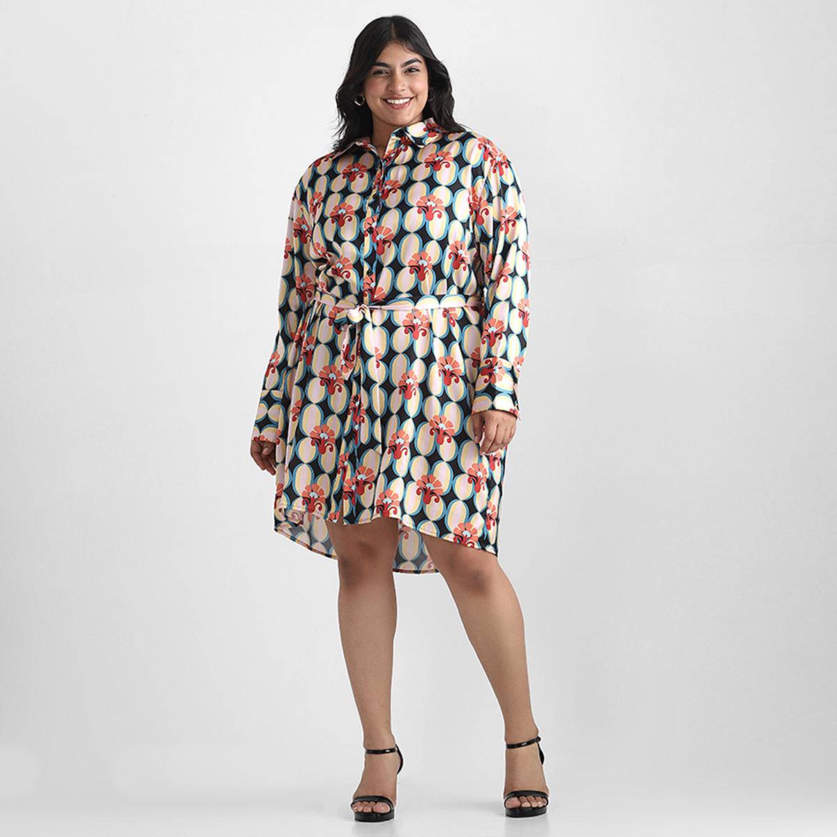 Geometric Satin Plus Size Shirt Dress