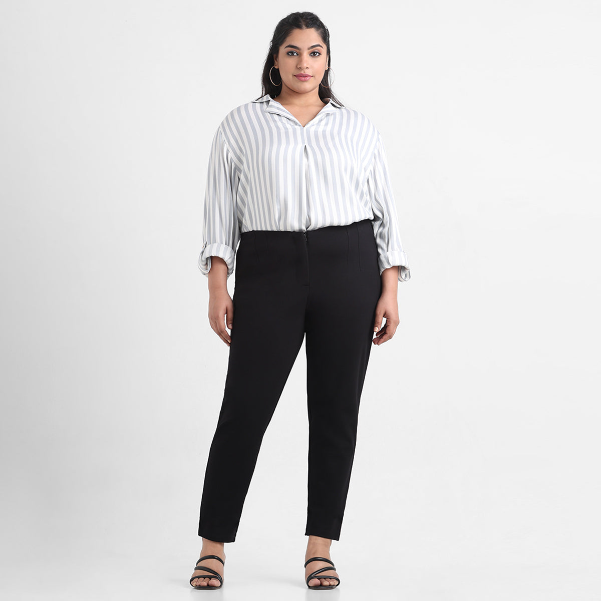 Grey and white striped plus size viscose shirt