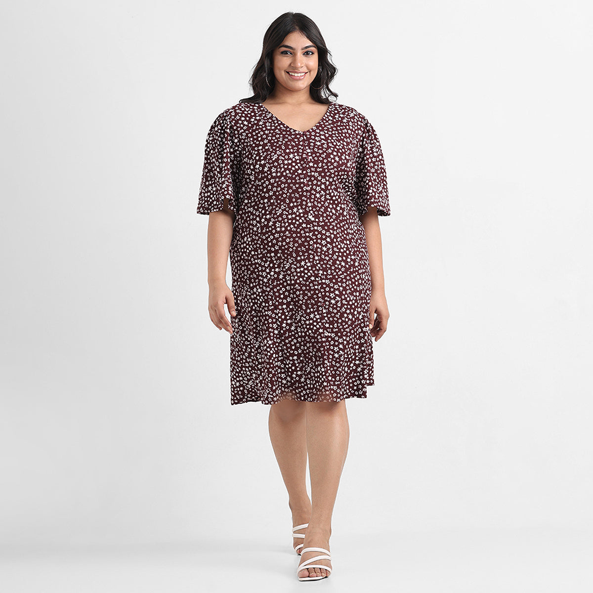 Maroon floral print plus size textured knit short dress