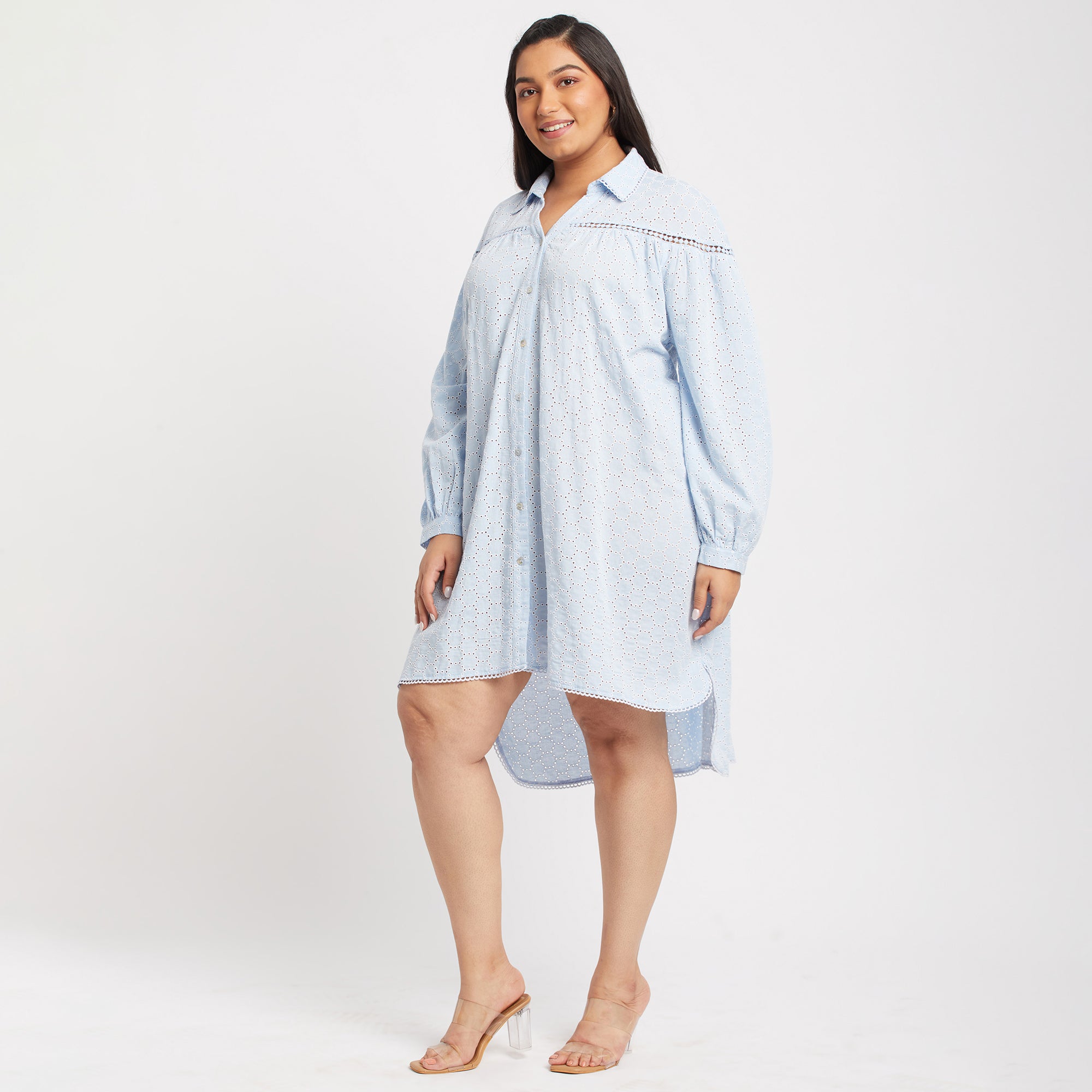 Blue Viscose Schiffli Plus Size Tunic