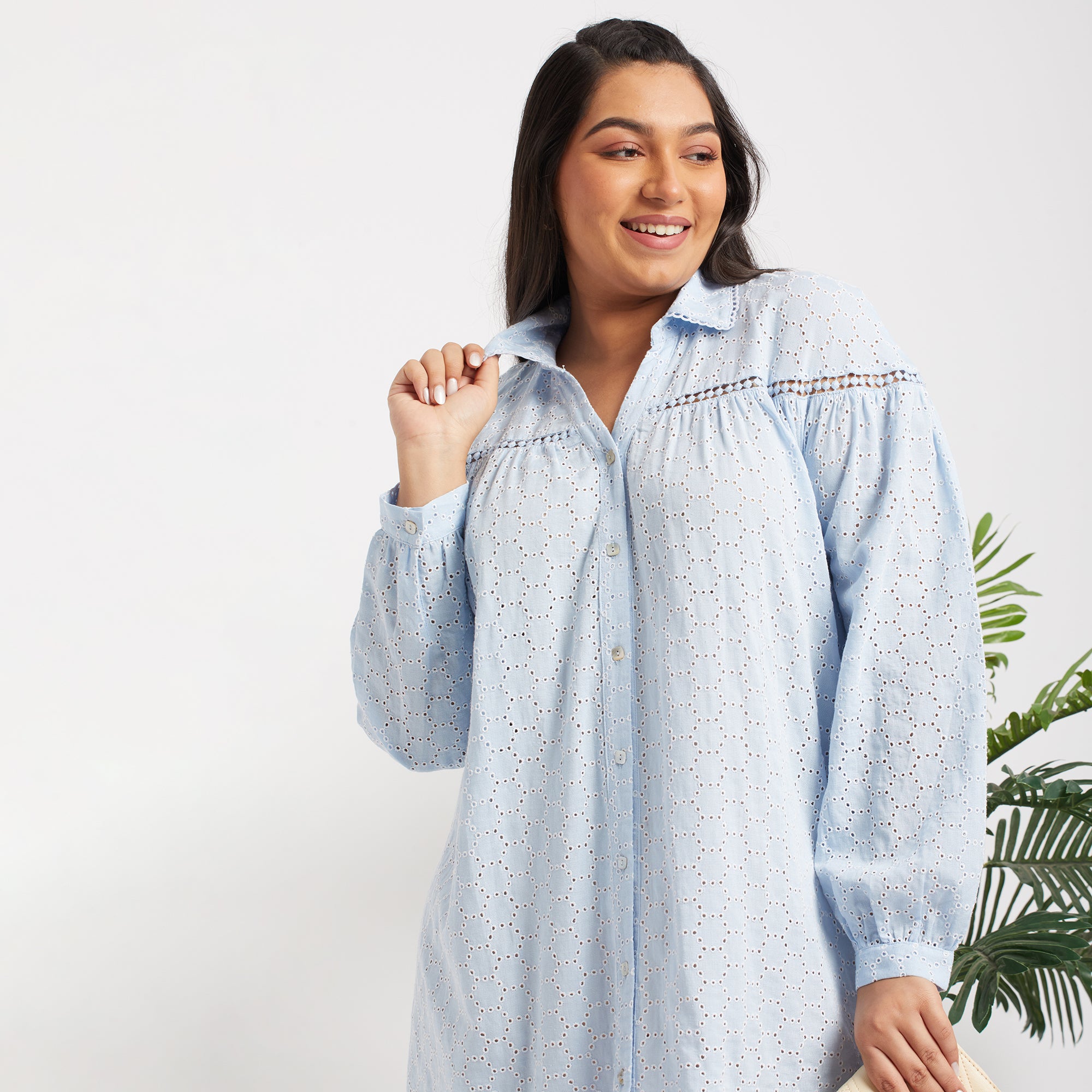 Blue Viscose Schiffli Plus Size Tunic