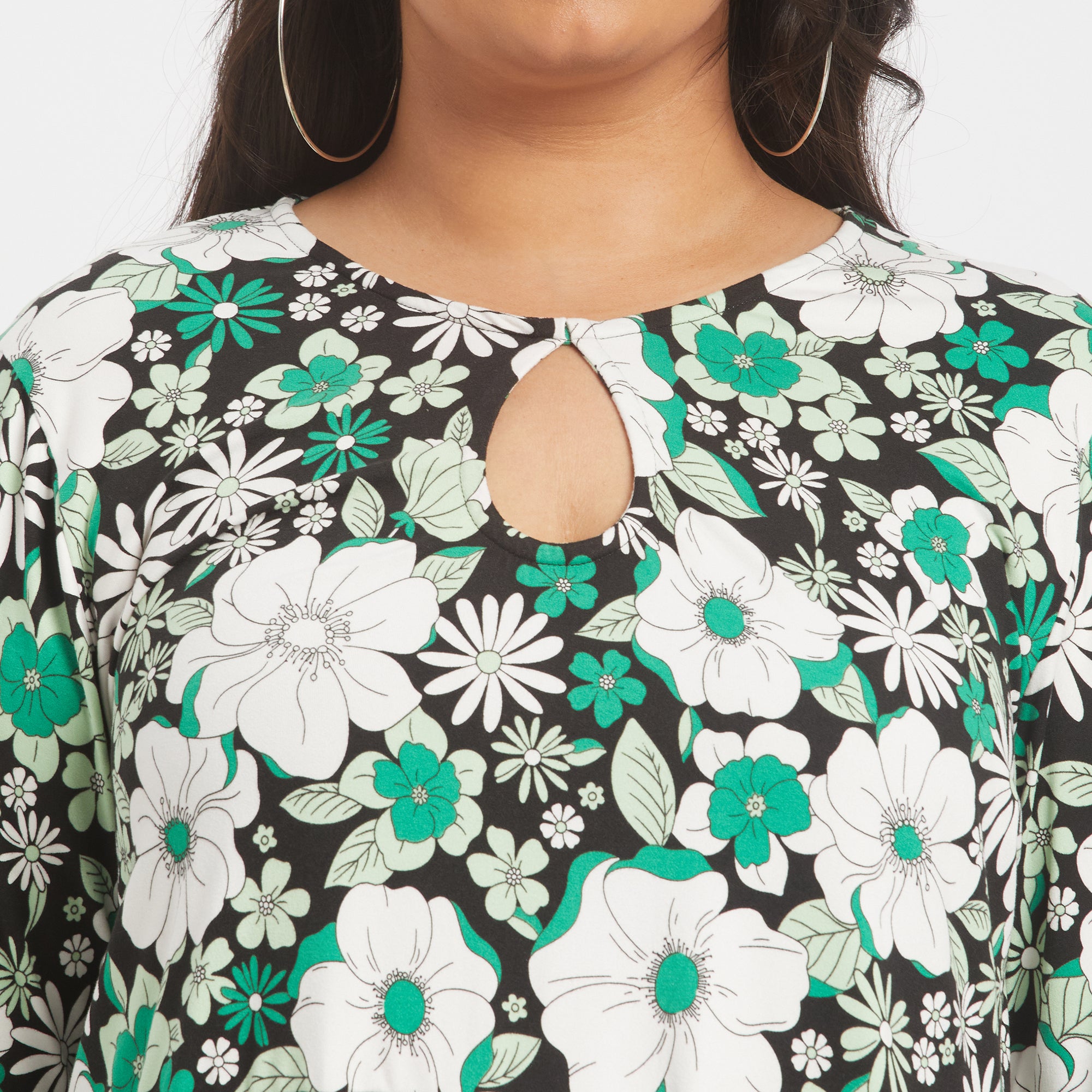 Green floral plus size knit jersey keyhole dress