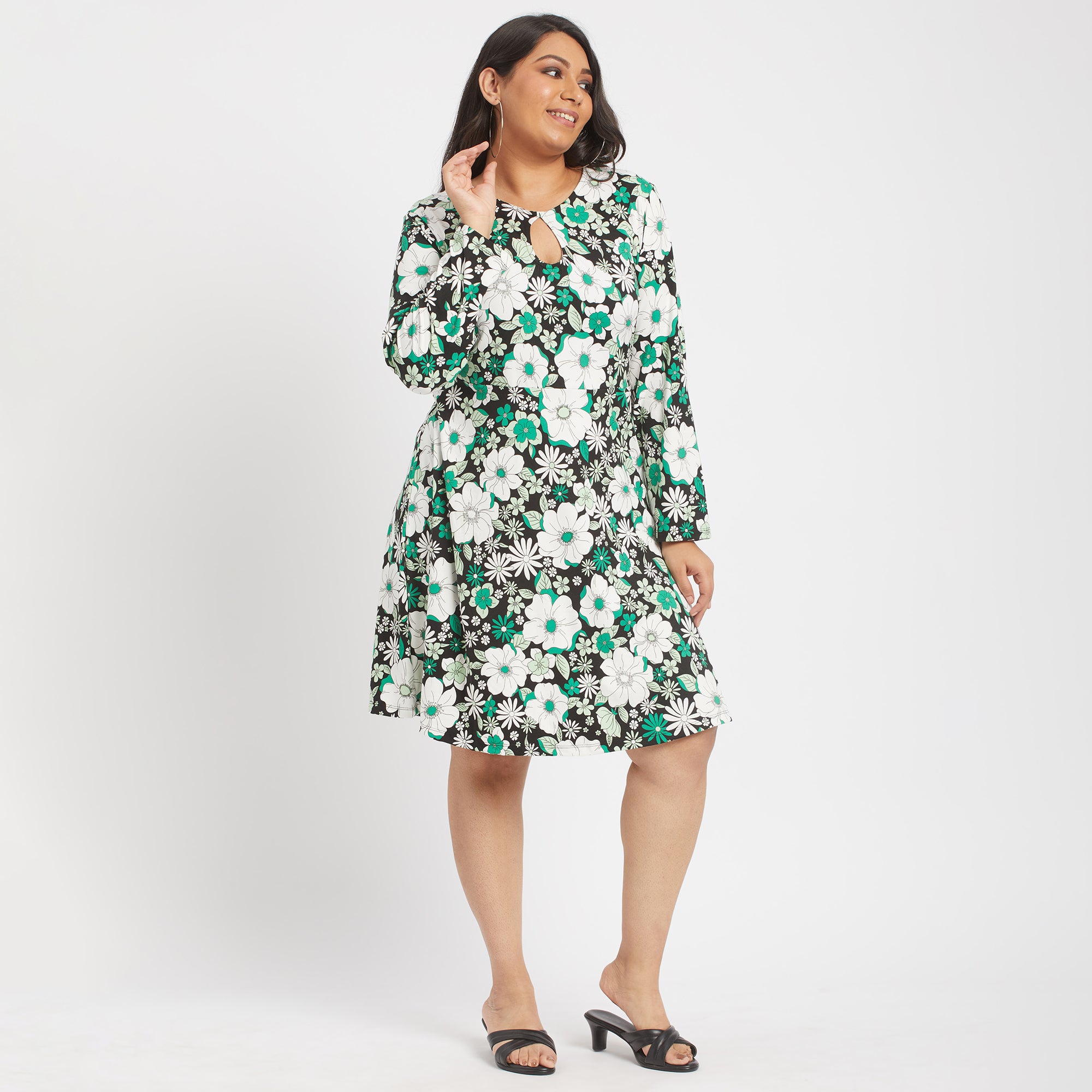 Green floral plus size knit jersey keyhole dress