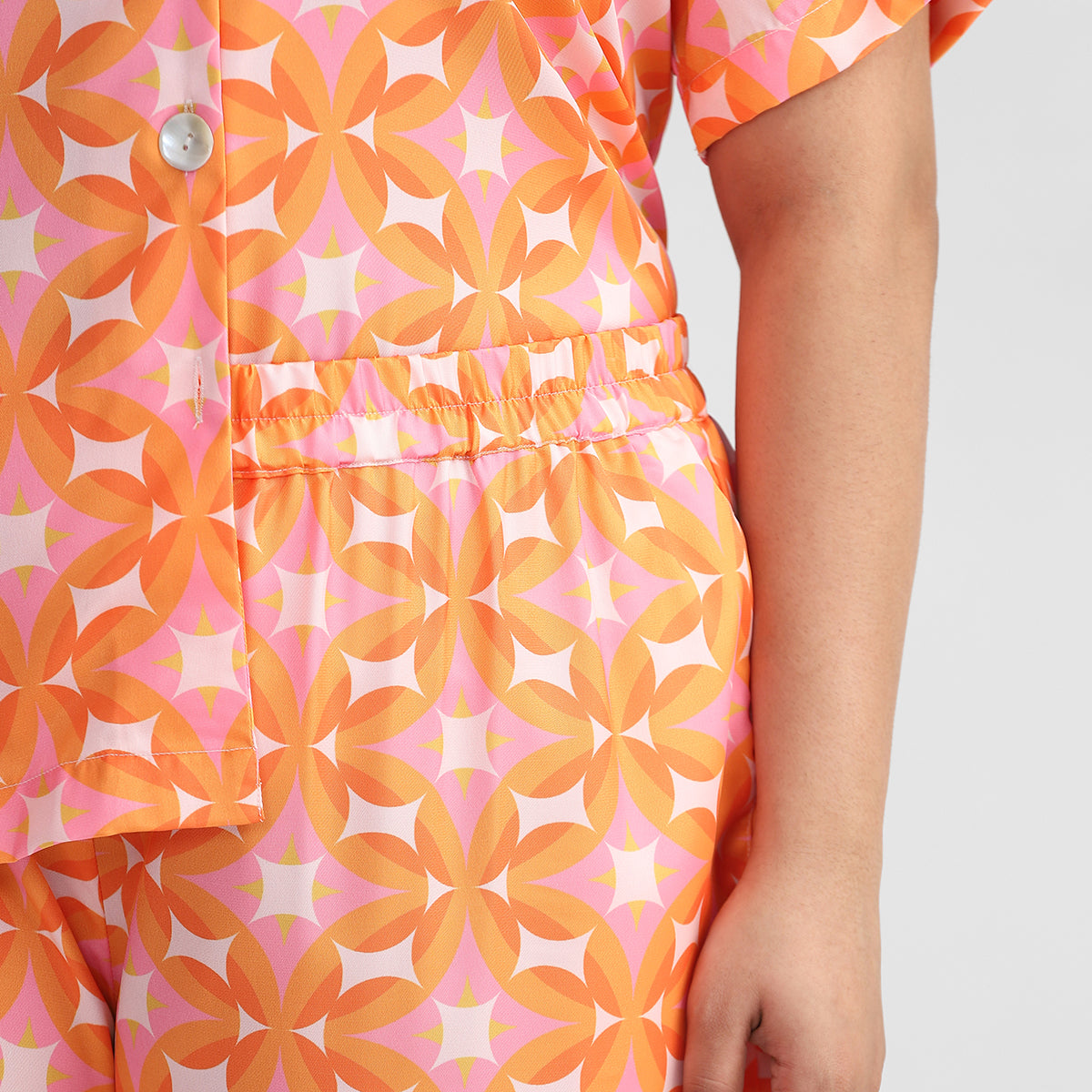 Orange Geometric Print Plus Size Satin Short Set