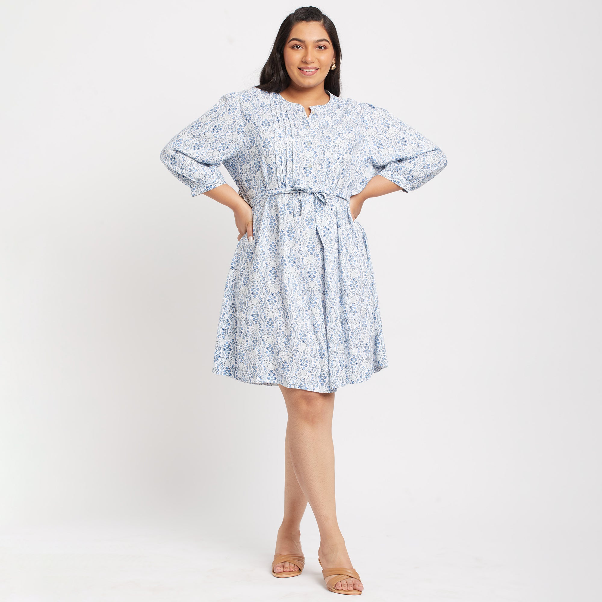 Blue Viscose Pleated Plus Size Tunic