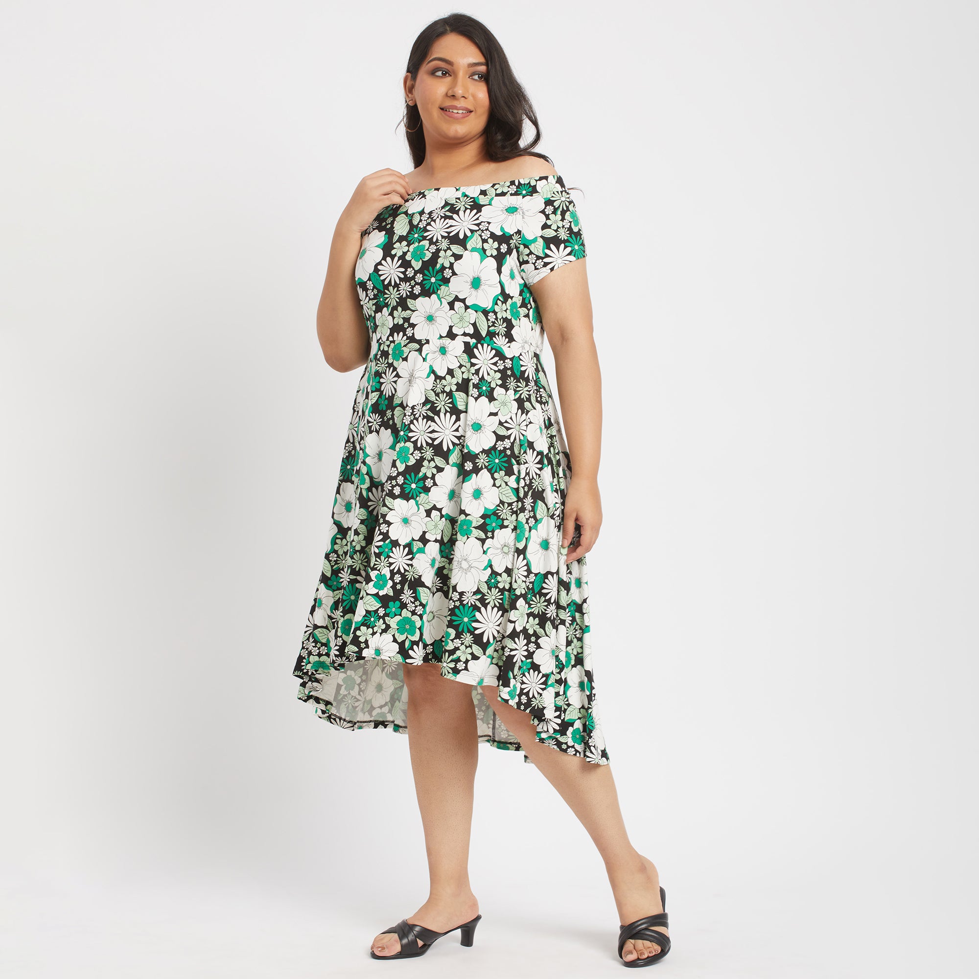 Green floral plus size square off-shoulder dress