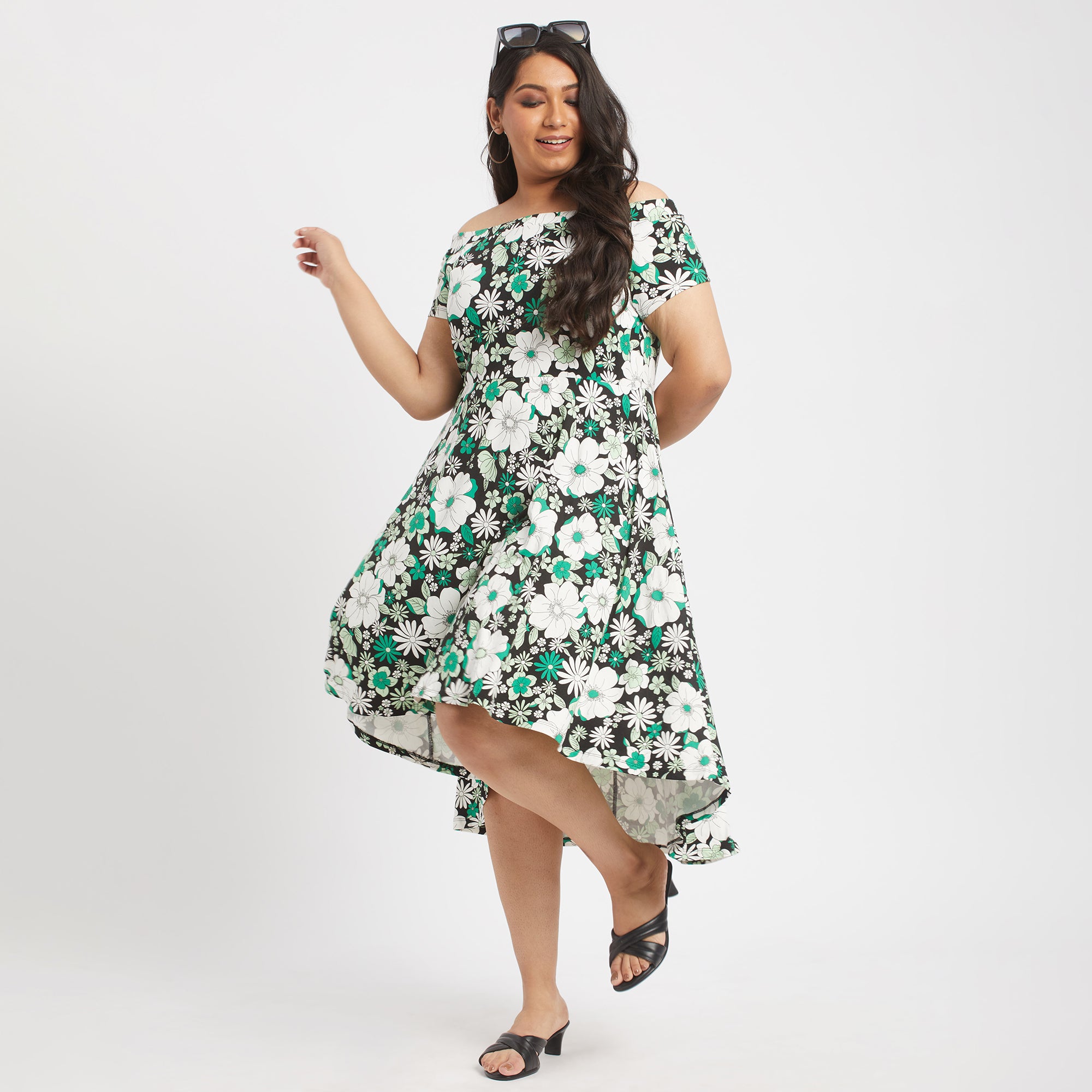 Green floral plus size square off-shoulder dress