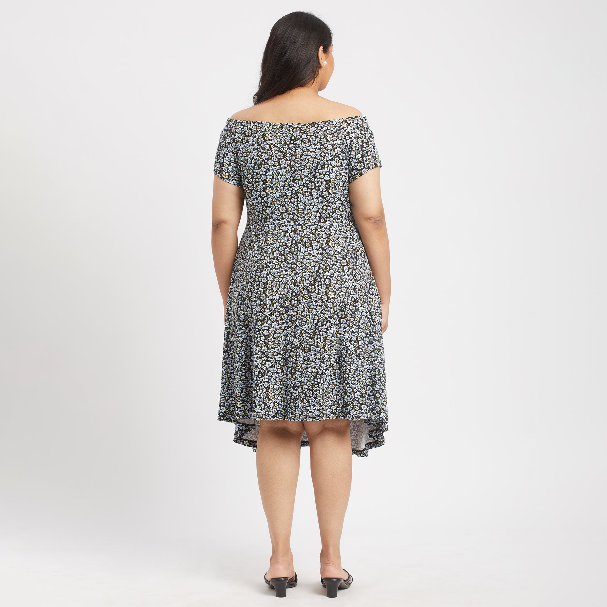 Blue ditsy floral  plus size square off-shoulder dress