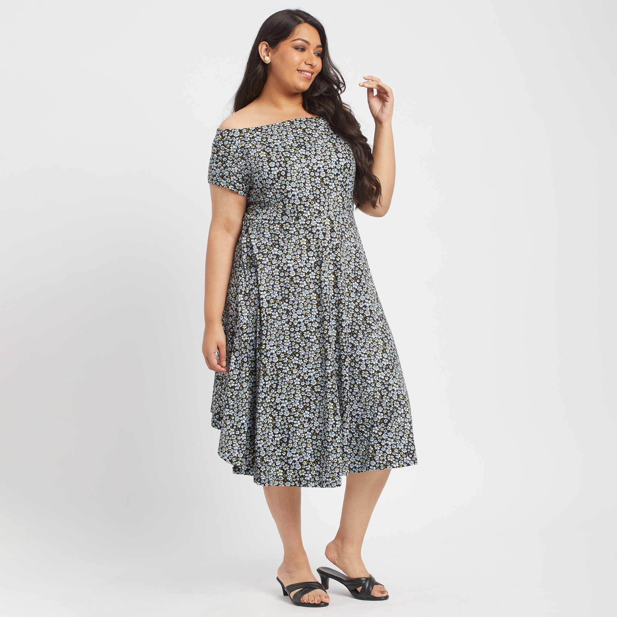 Blue ditsy floral  plus size square off-shoulder dress