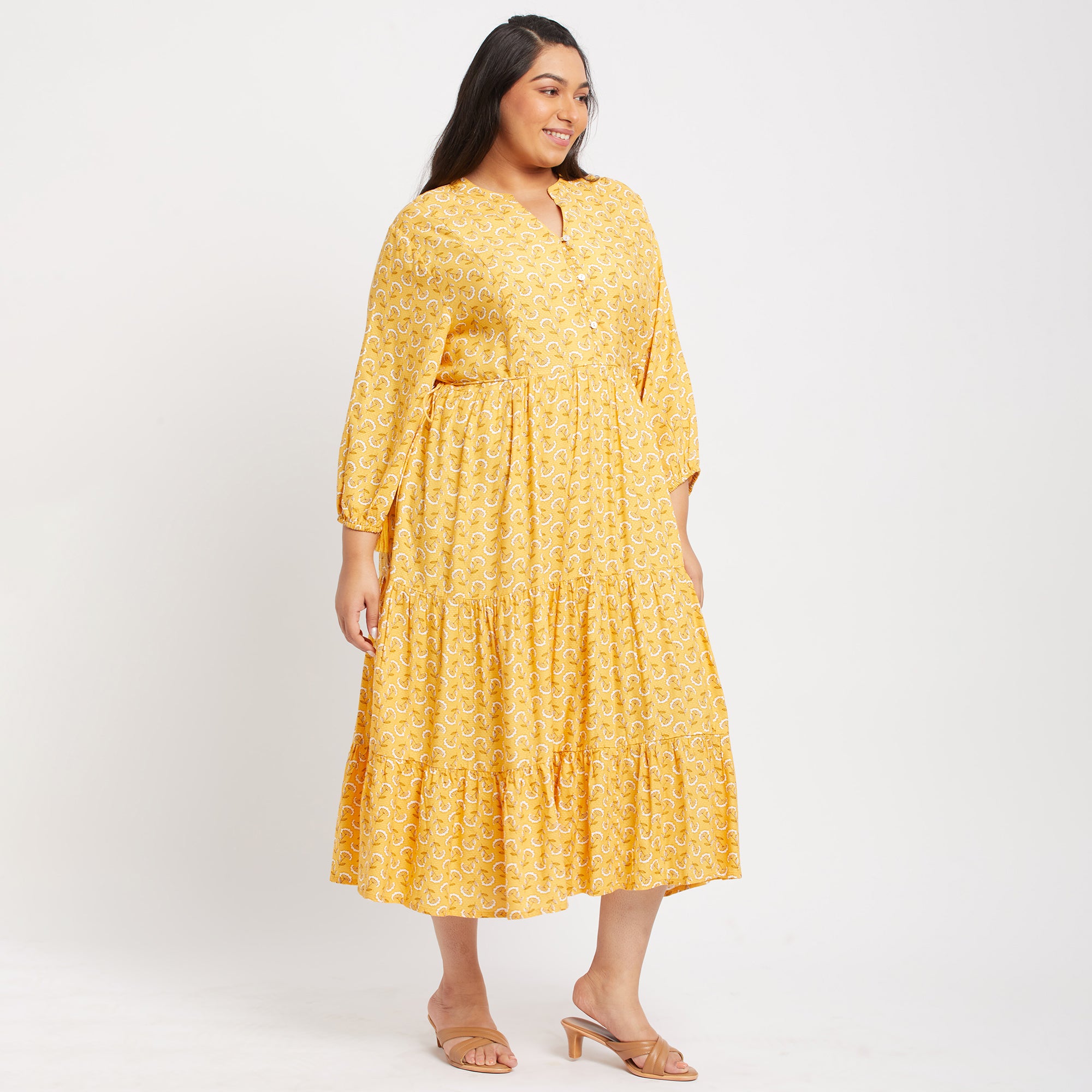 Mustard Print Ethnic Plus Size Maxi