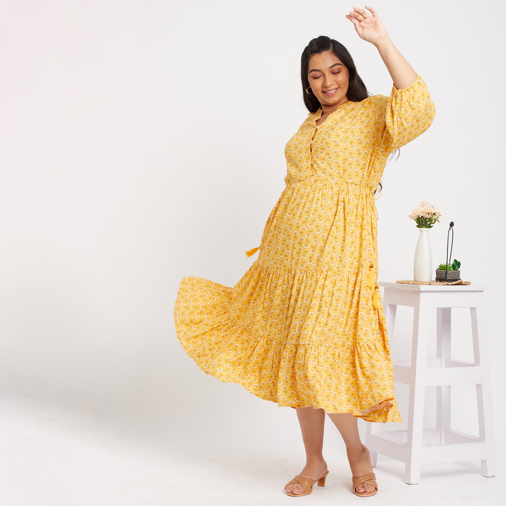 Mustard Print Ethnic Plus Size Maxi