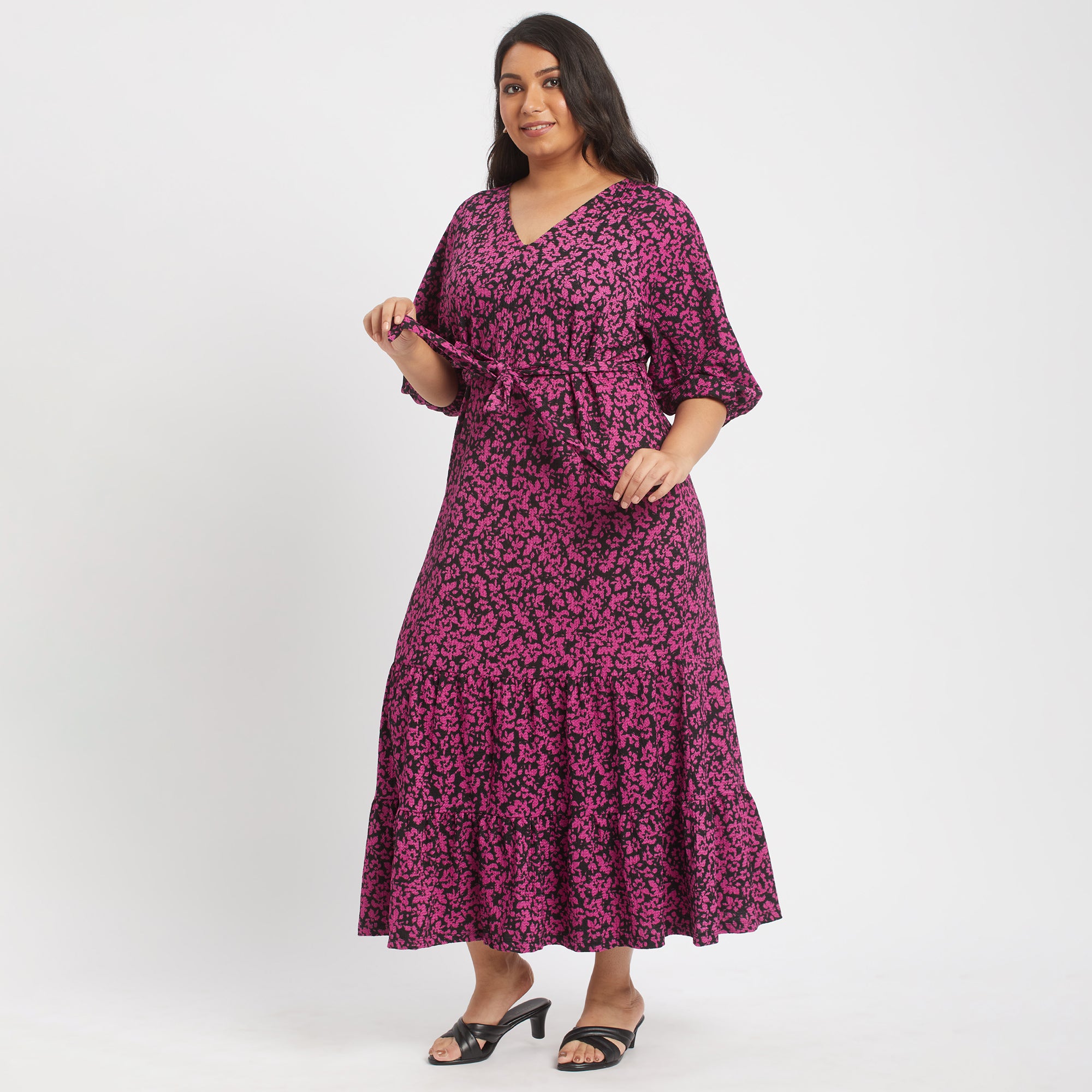 Black and magenta printed textured knit plus size midi dress