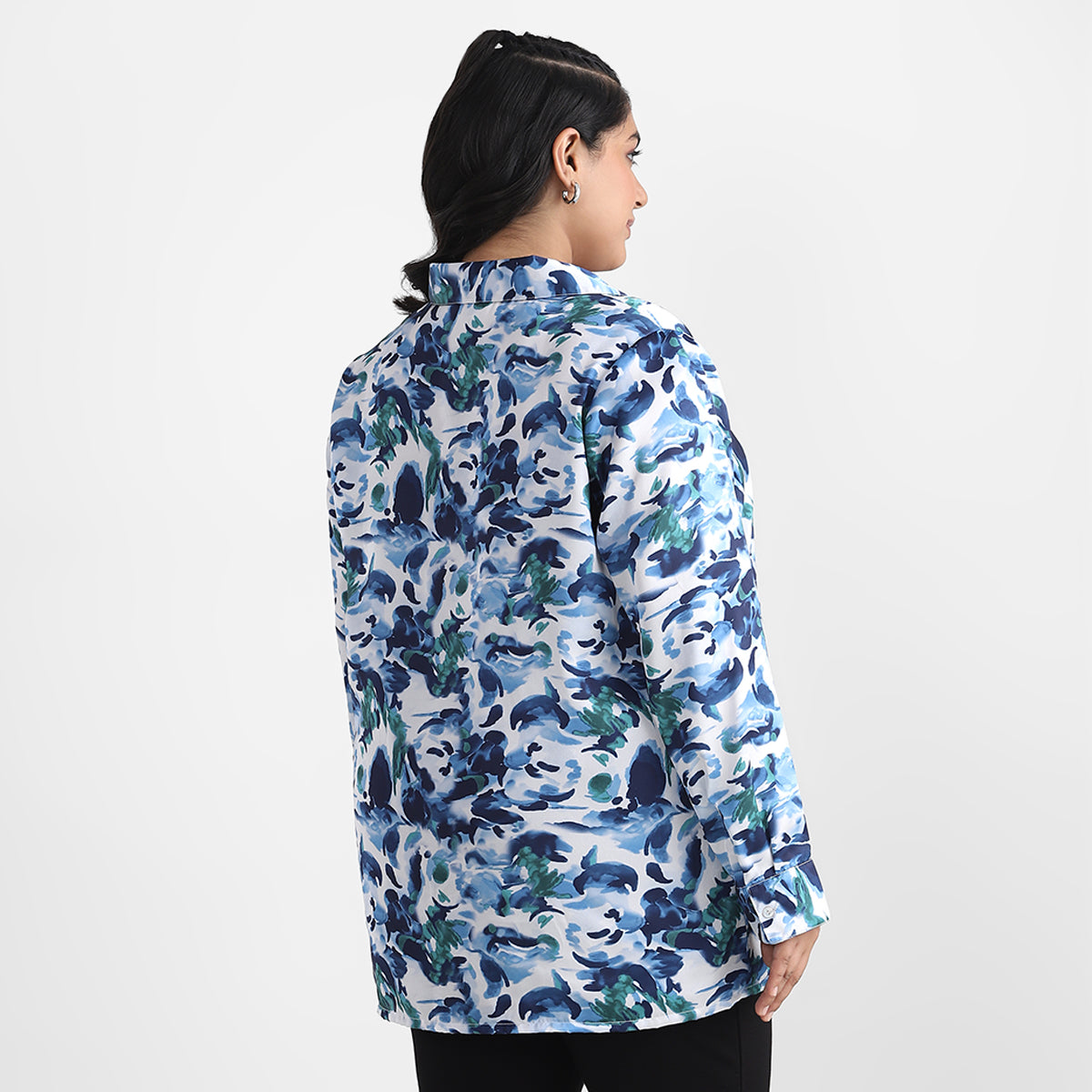 Side back view of Abstract Satin Plus Size Basic Shirt
