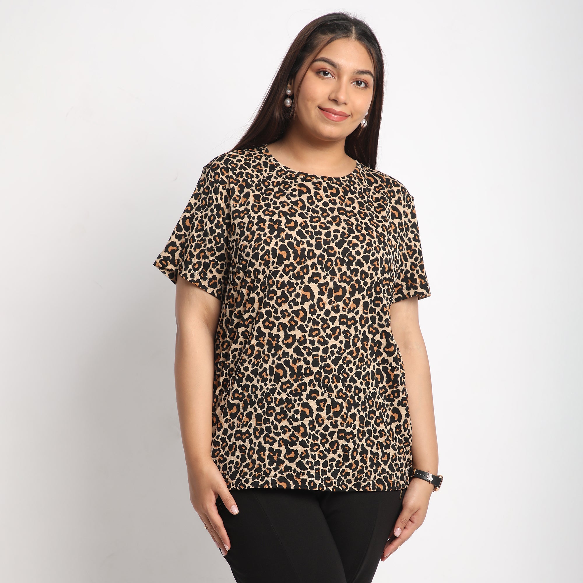 Animal Print Knit Round Neck Top Front View