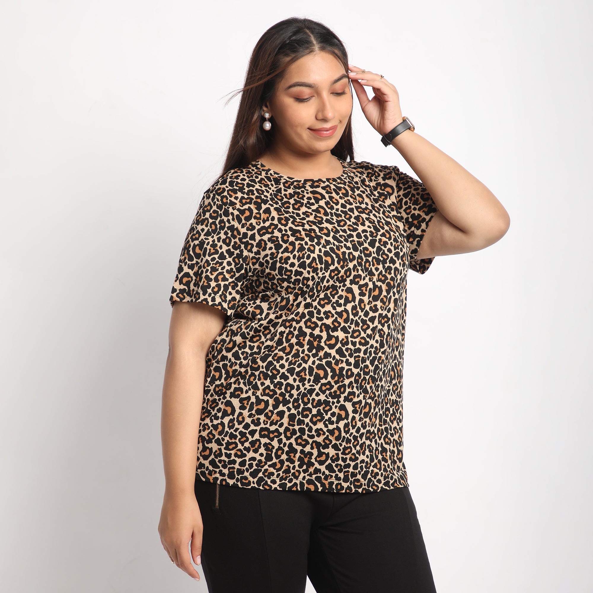 Animal Print Knit Round Neck Top Front Angled View 