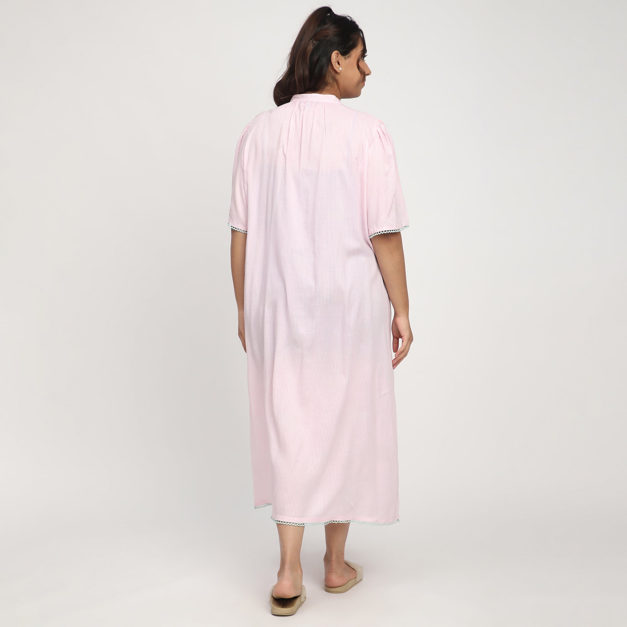 Pink Striped Plus-Size Nighty with Lace