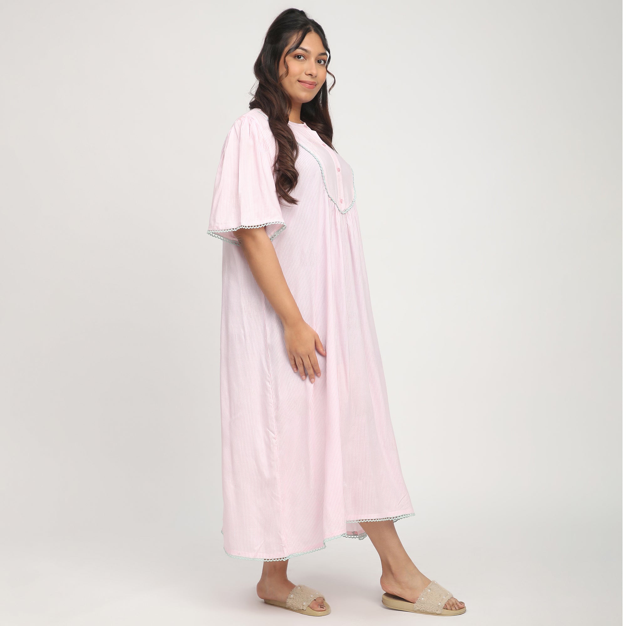 Pink Striped Plus-Size Nighty with Lace