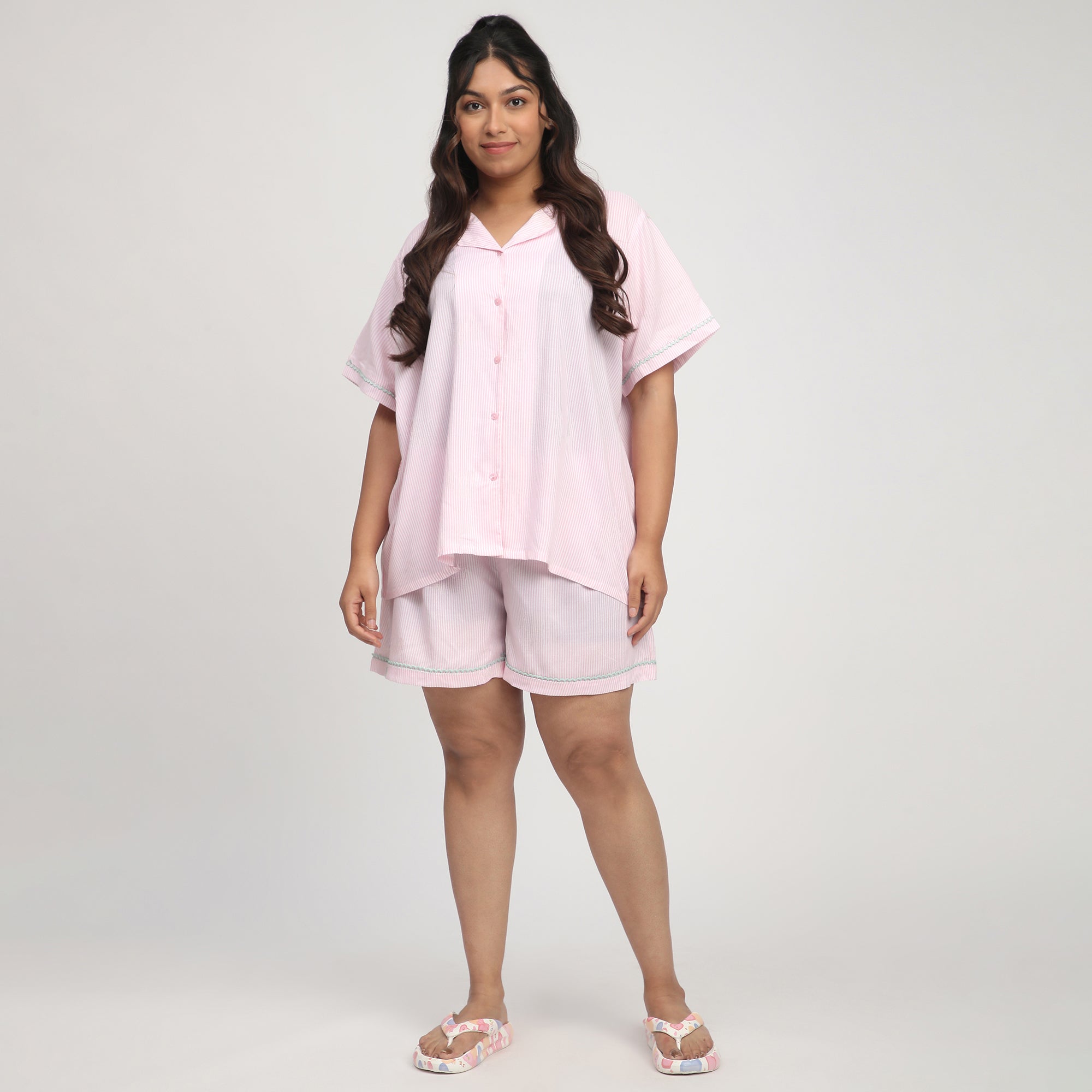 Pink Striped Plus-Size Viscose Short Set with Floral Embroidery