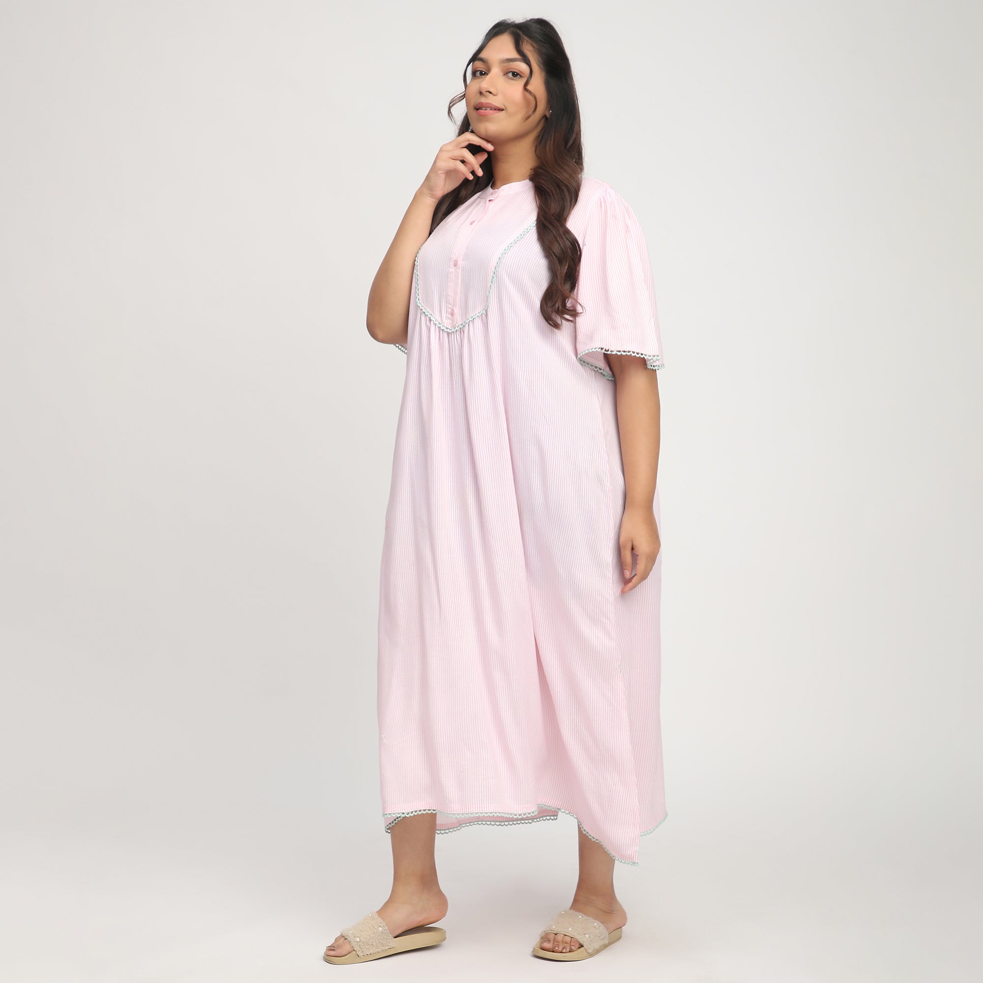 Pink Striped Plus-Size Nighty with Lace