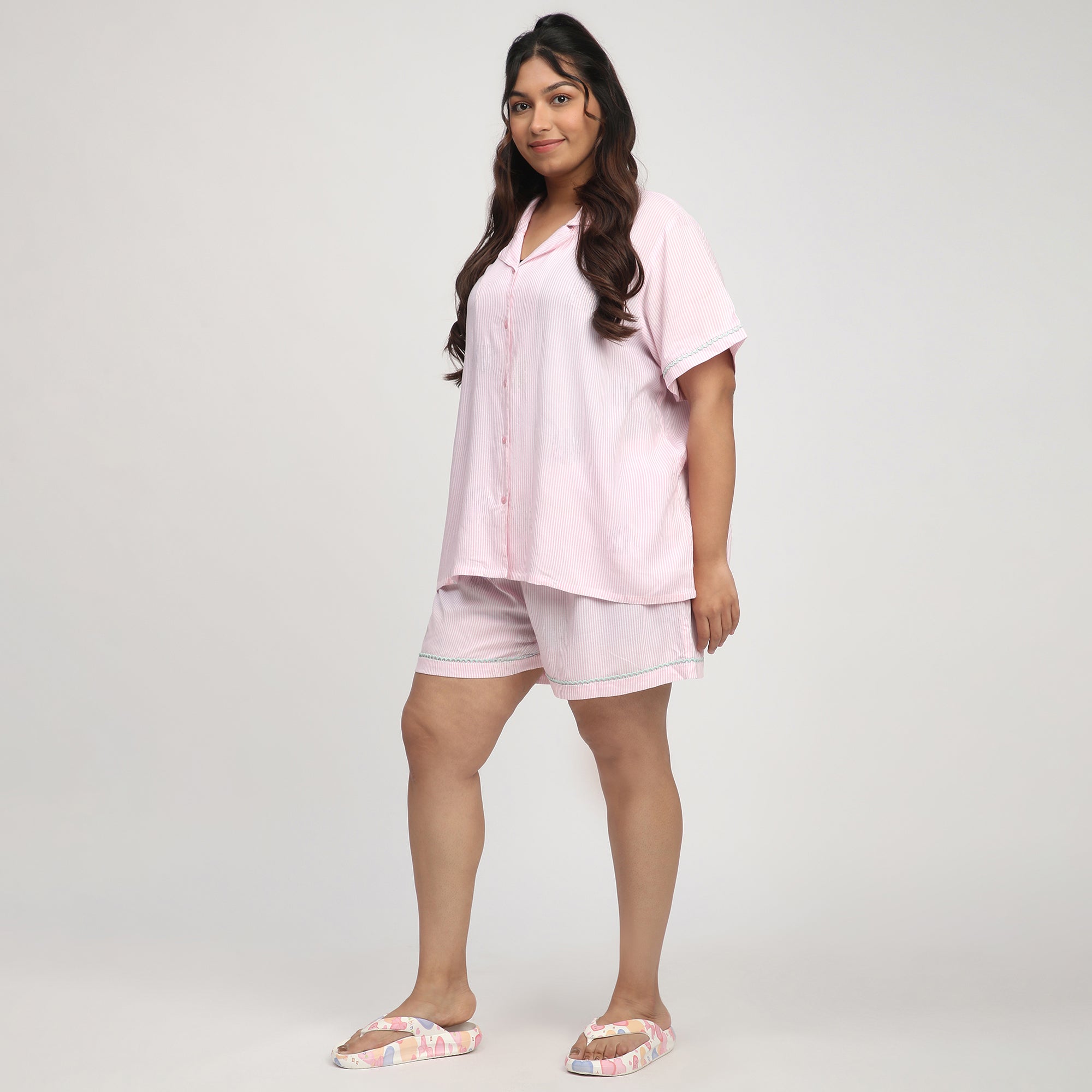 Pink Striped Plus-Size Viscose Short Set with Floral Embroidery