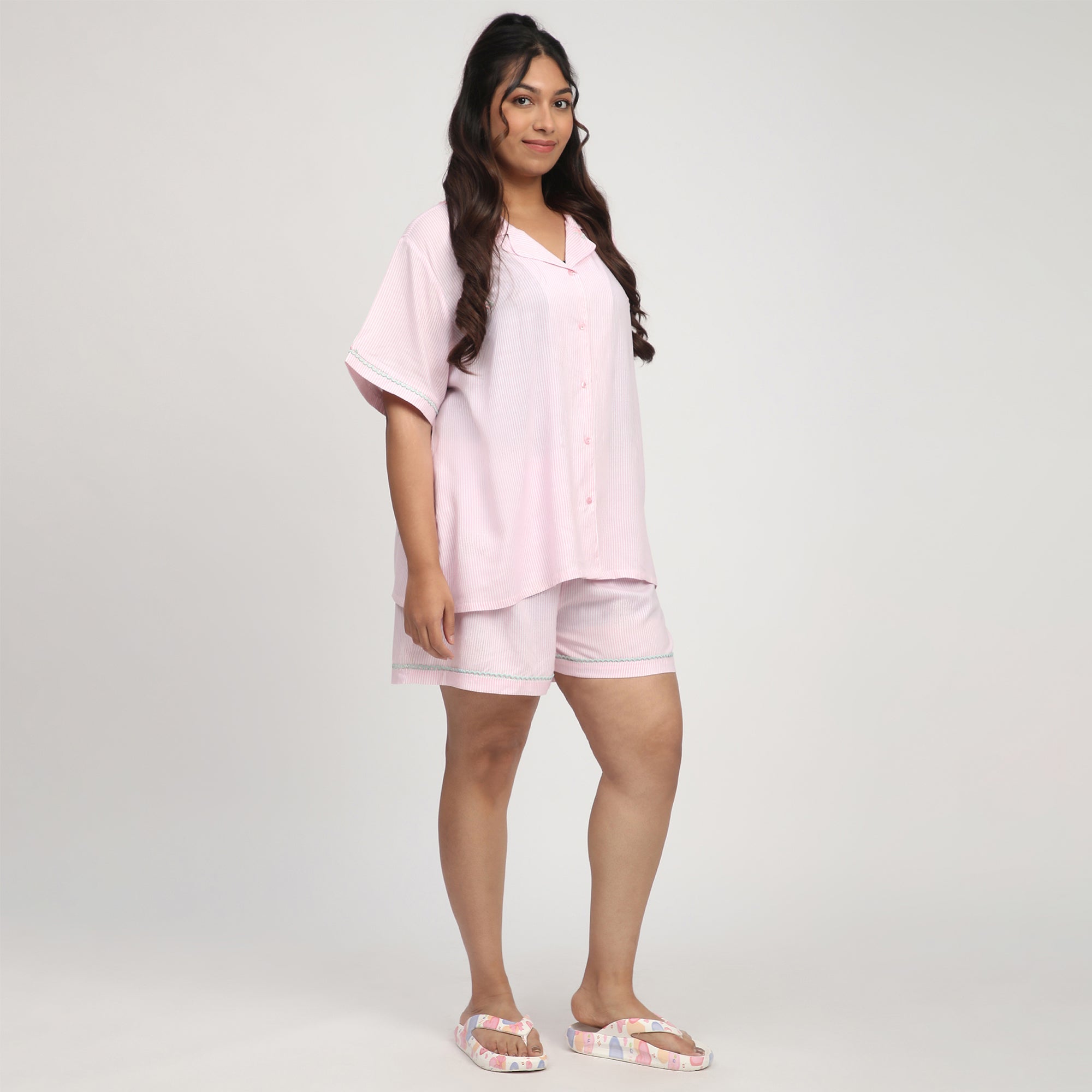 Pink Striped Plus-Size Viscose Short Set with Floral Embroidery