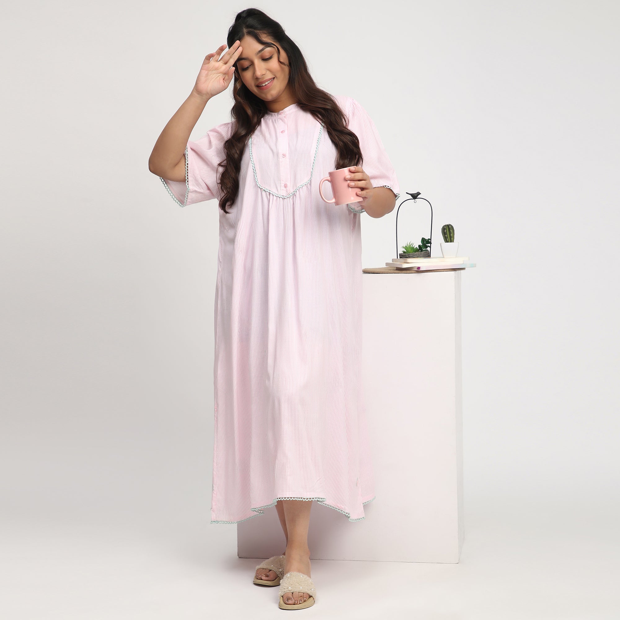 Pink Striped Plus-Size Nighty with Lace