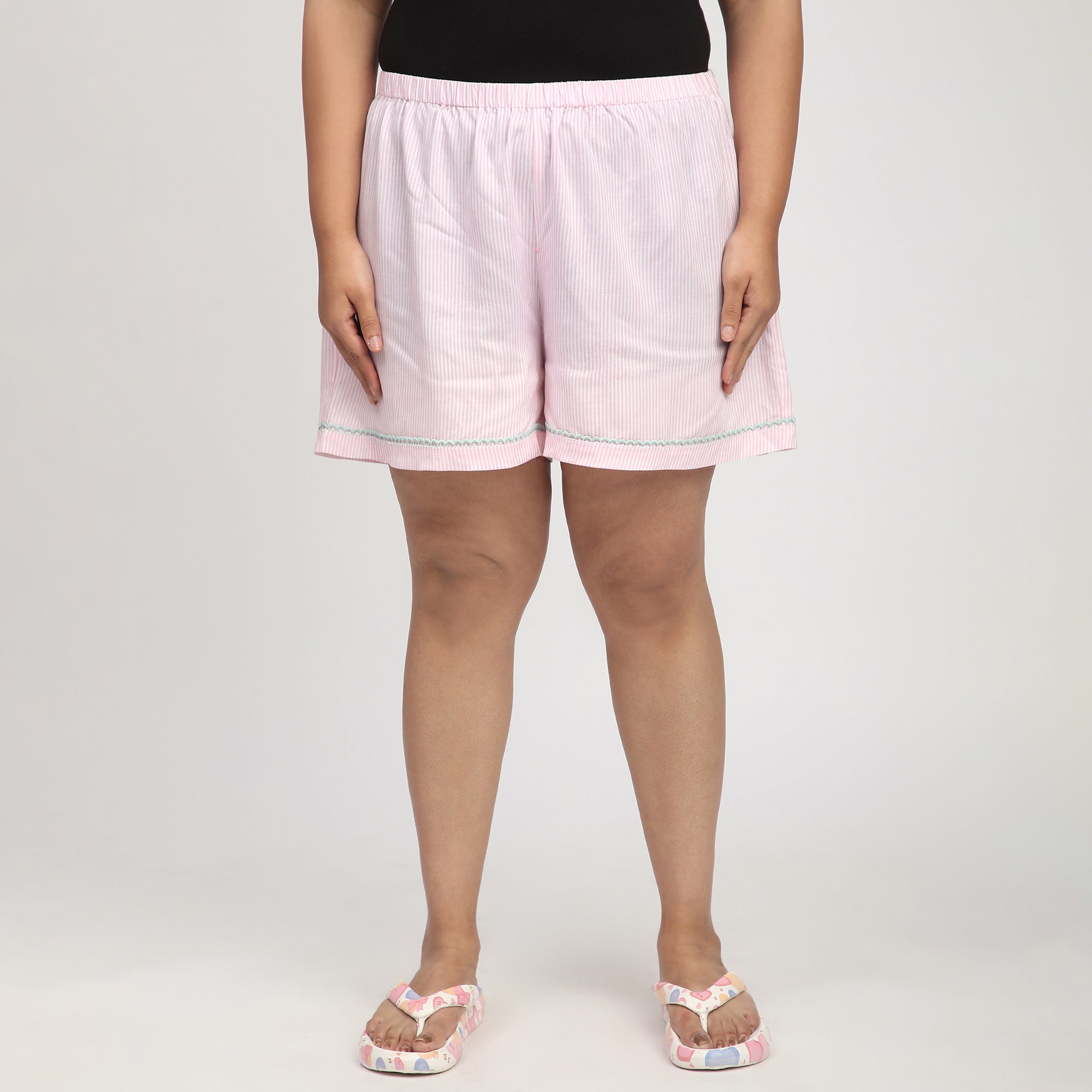 Pink Striped Plus-Size Viscose Short Set with Floral Embroidery