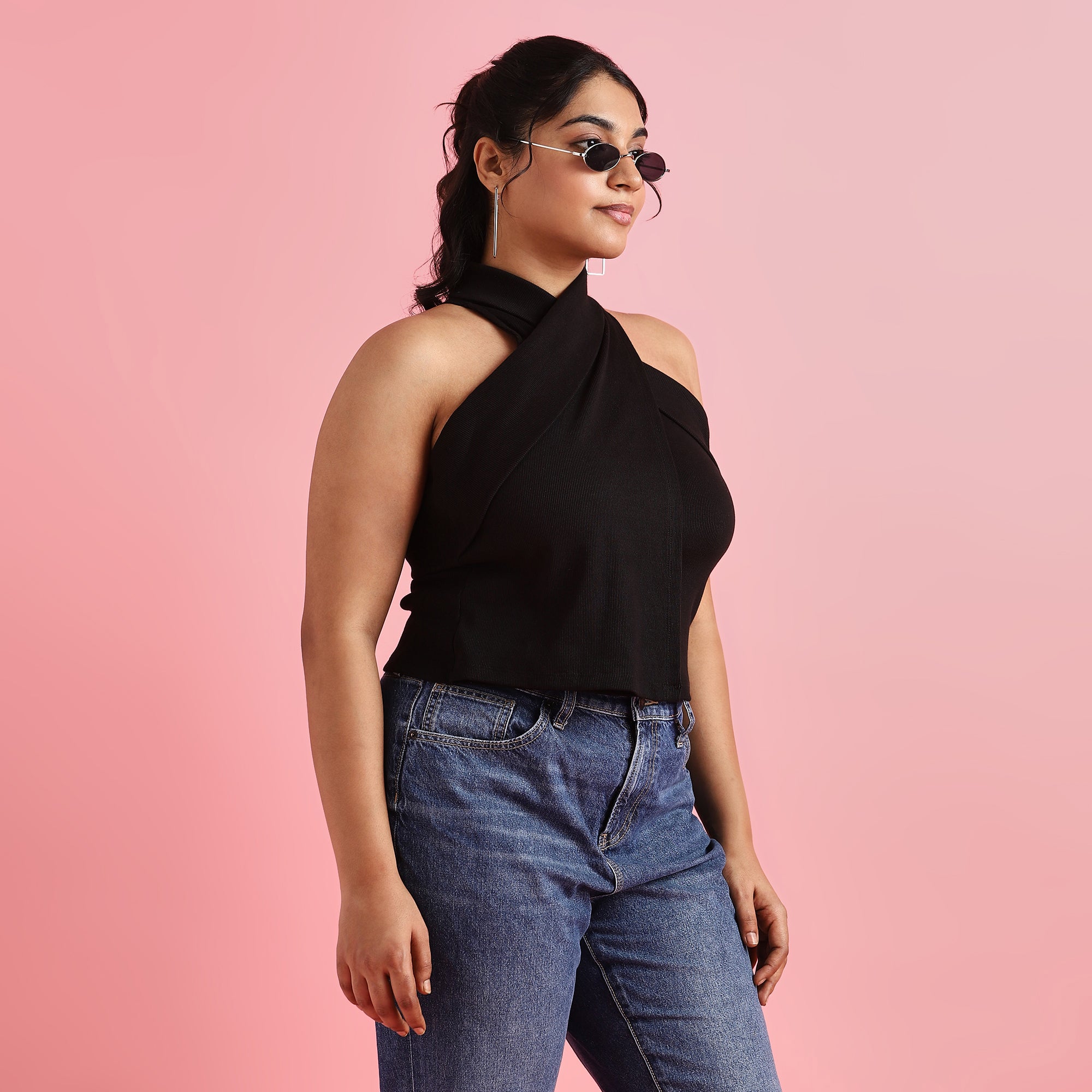 Crisscross Rib Plus Size Halter Neck Top