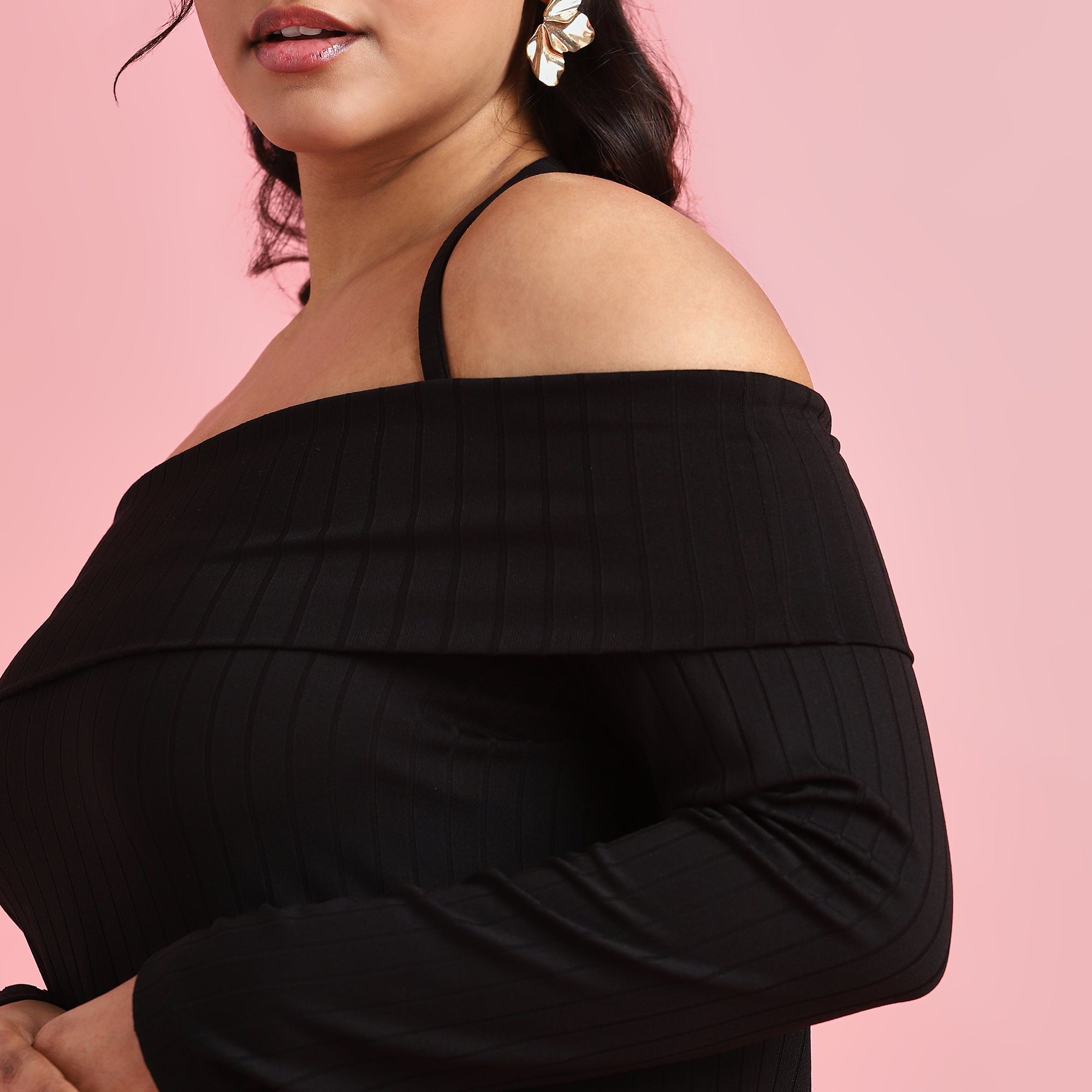 Black Rib Plus Size Off-Shoulder Bodycon Dress