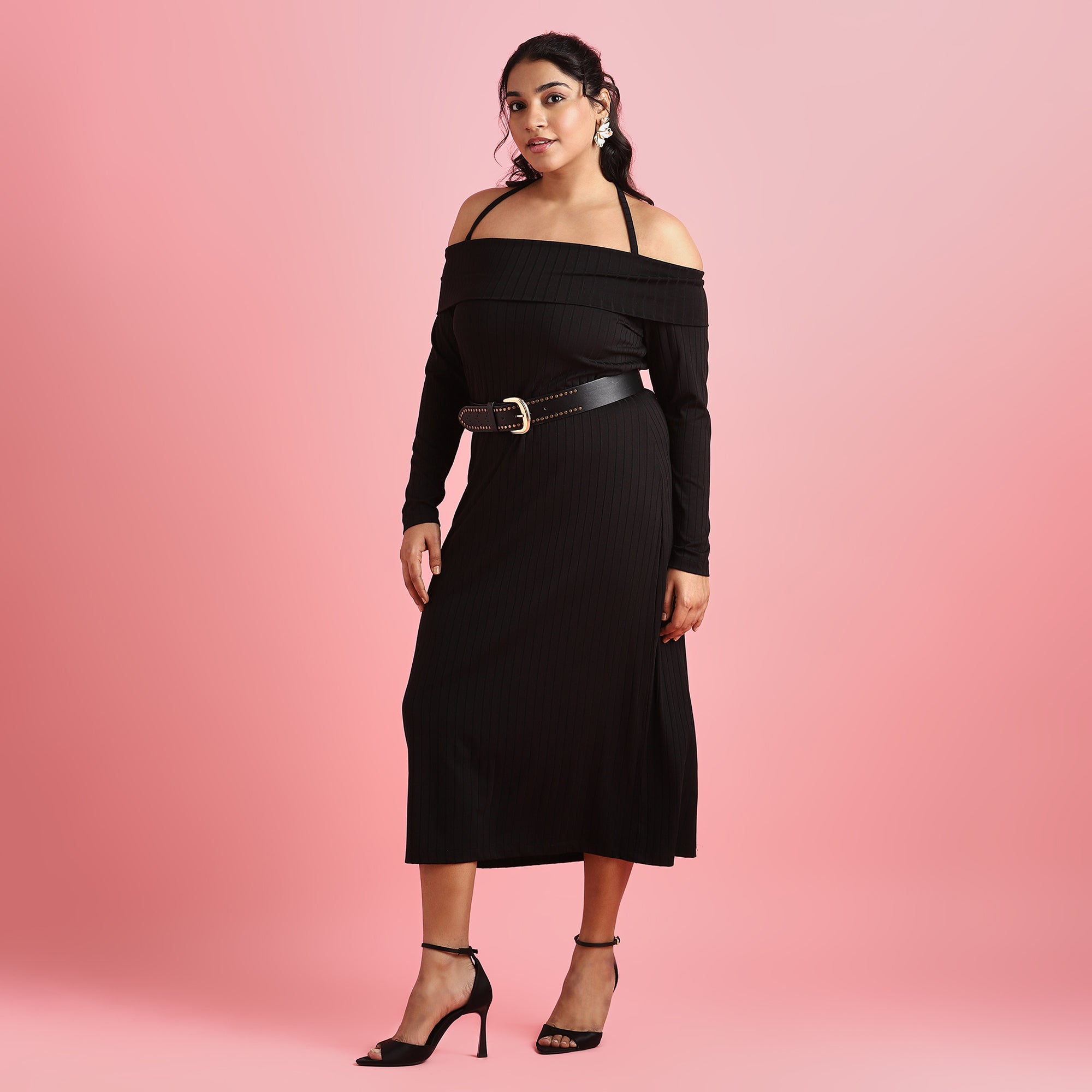 Black Rib Plus Size Off-Shoulder Bodycon Dress