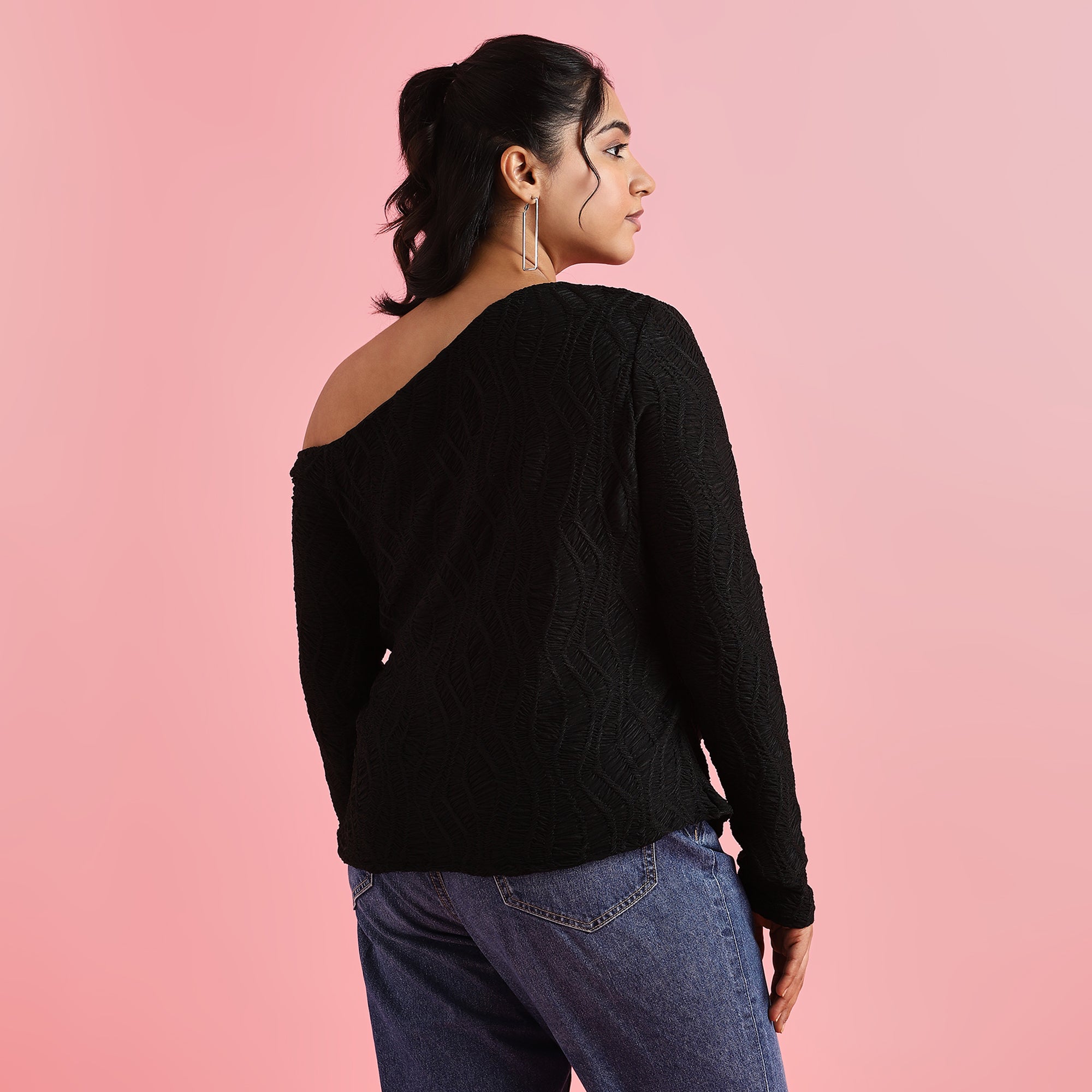 Black Textured Plus Size One-Sided Off-Shoulder Top