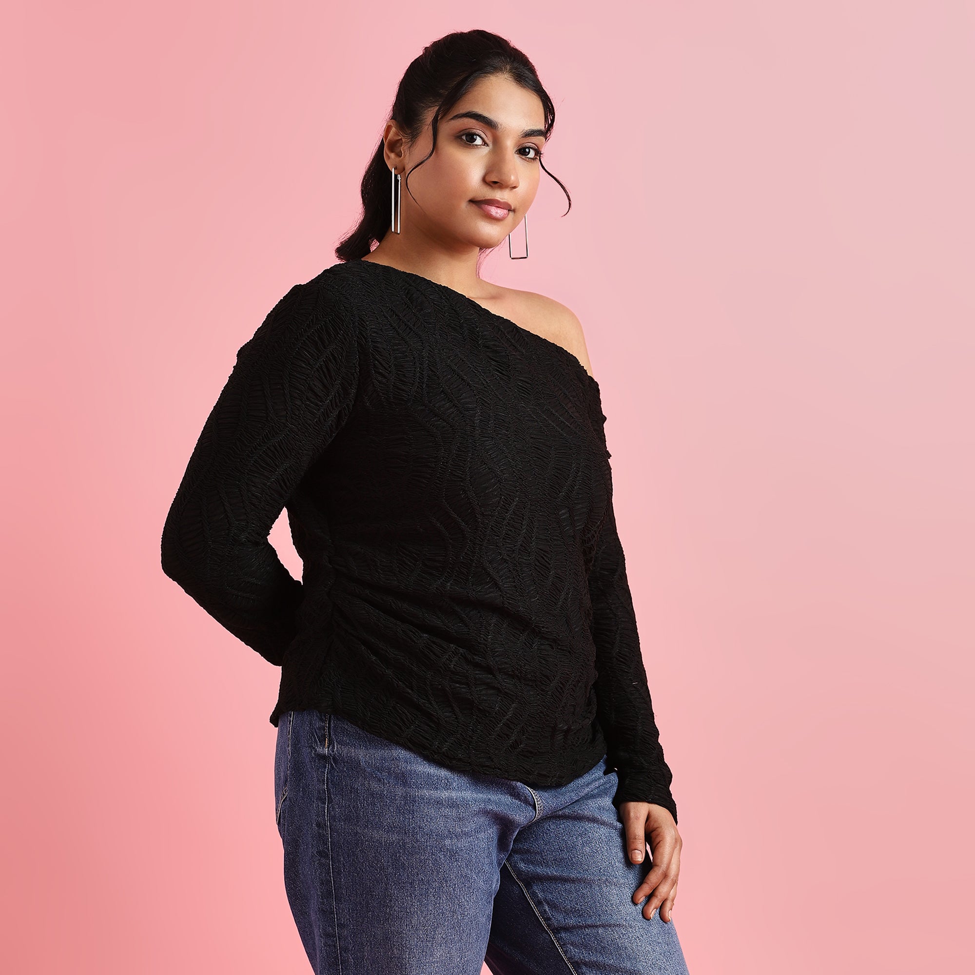 Black Textured Plus Size One-Sided Off-Shoulder Top