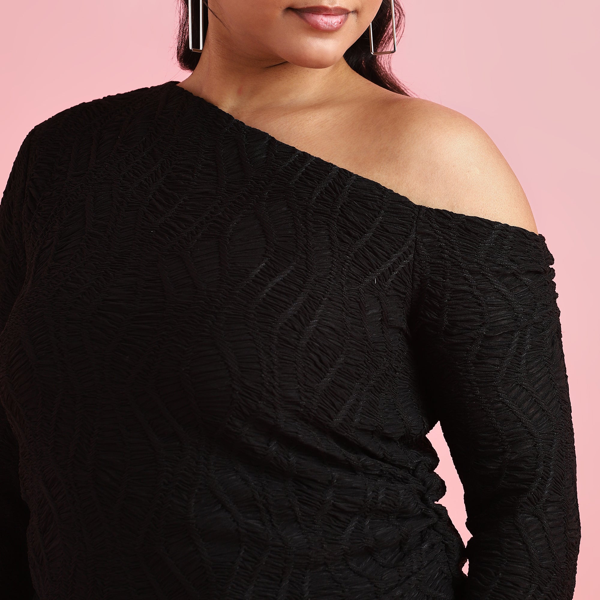 Black Textured Plus Size One-Sided Off-Shoulder Top