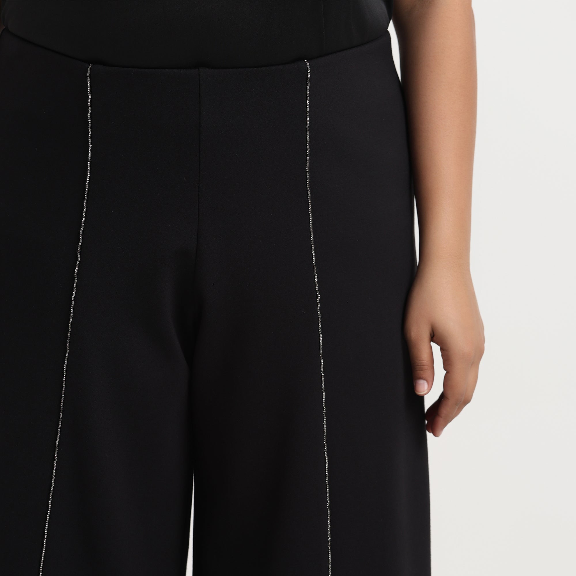 Close Up of Black 4-Way Stretch Plus Size Wide-Leg Rhinestone Embellished Trousers 