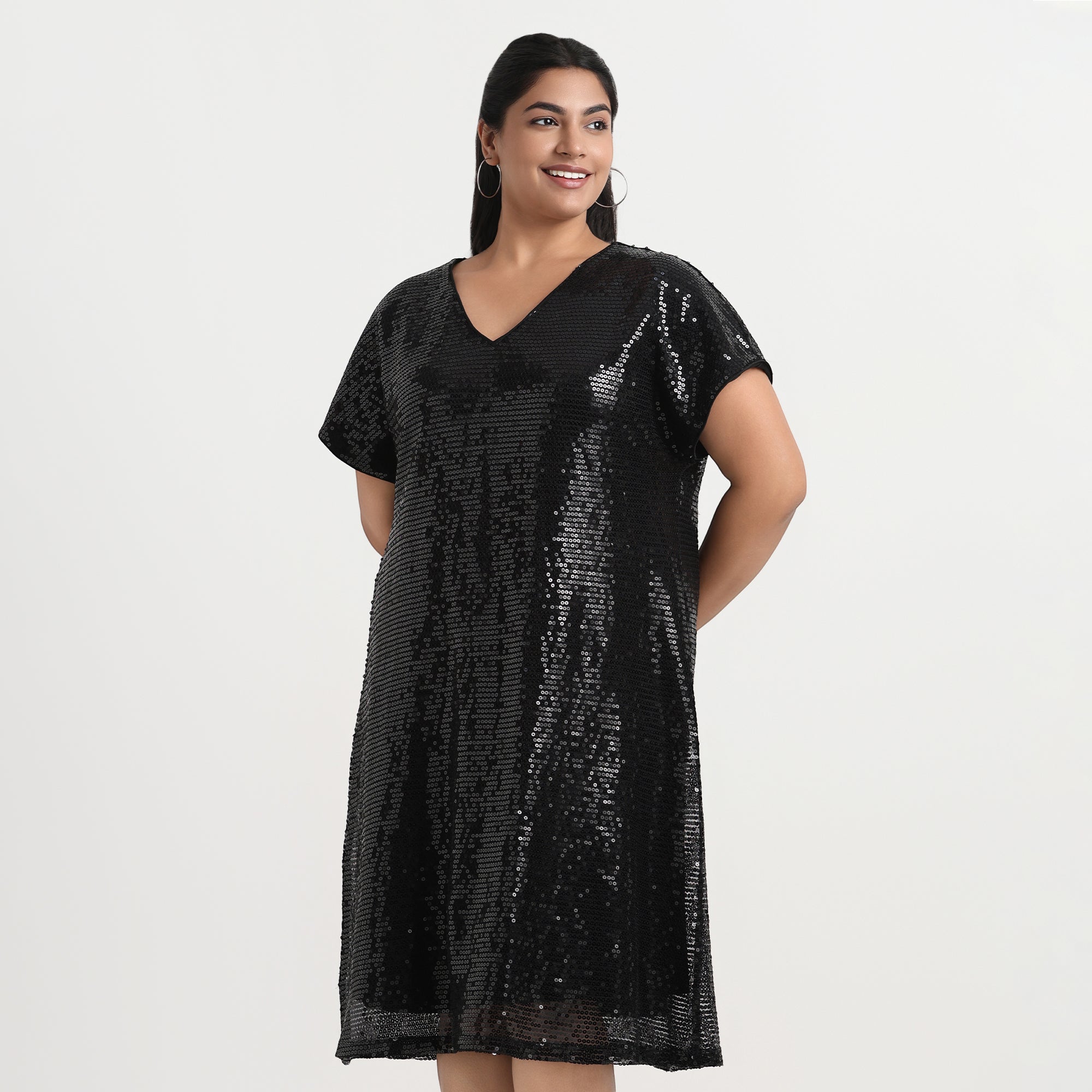 Black Sequin V-Neck Plus Size Shift Dress Front Angle View
