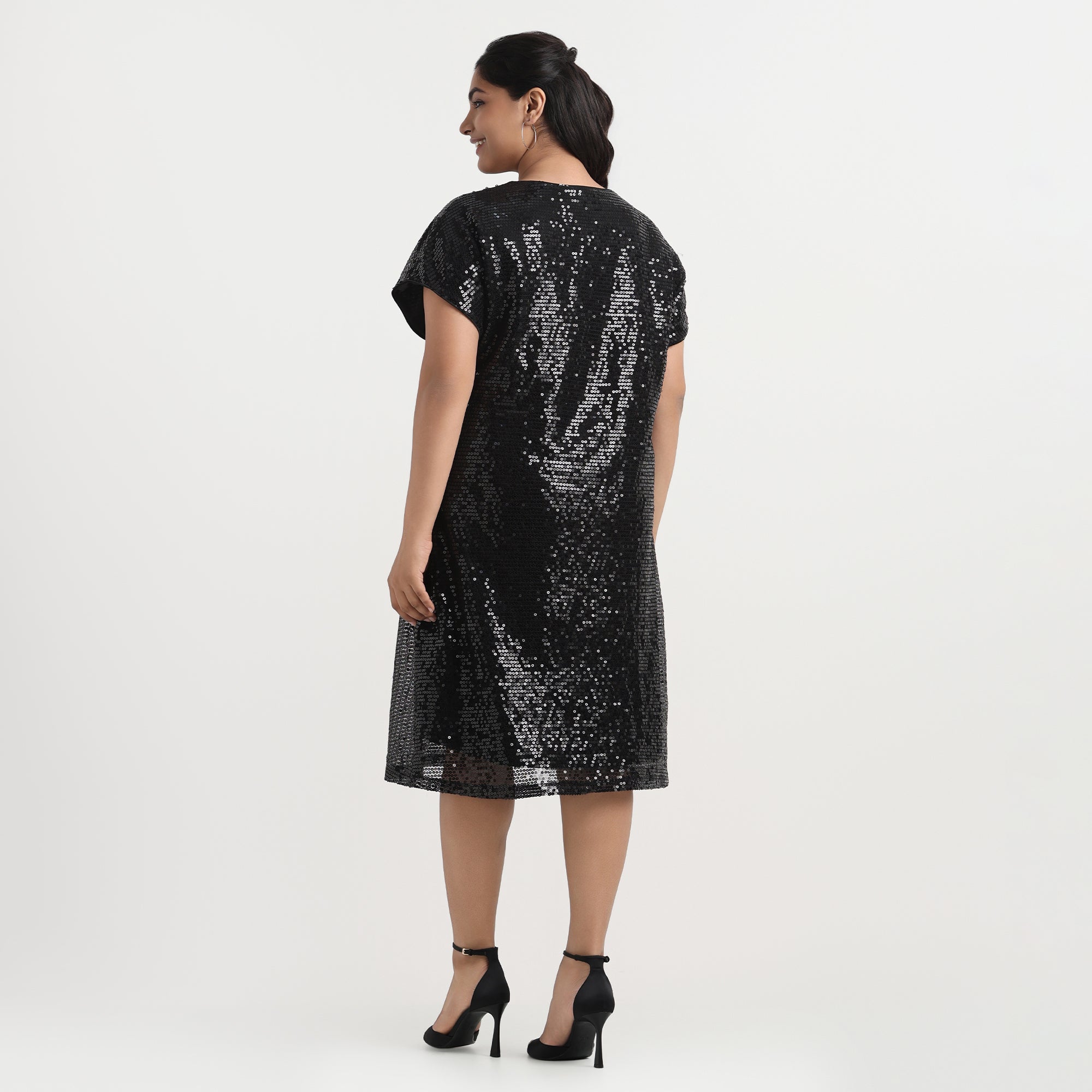 Black Sequin V-Neck Plus Size Shift Dress Back View
