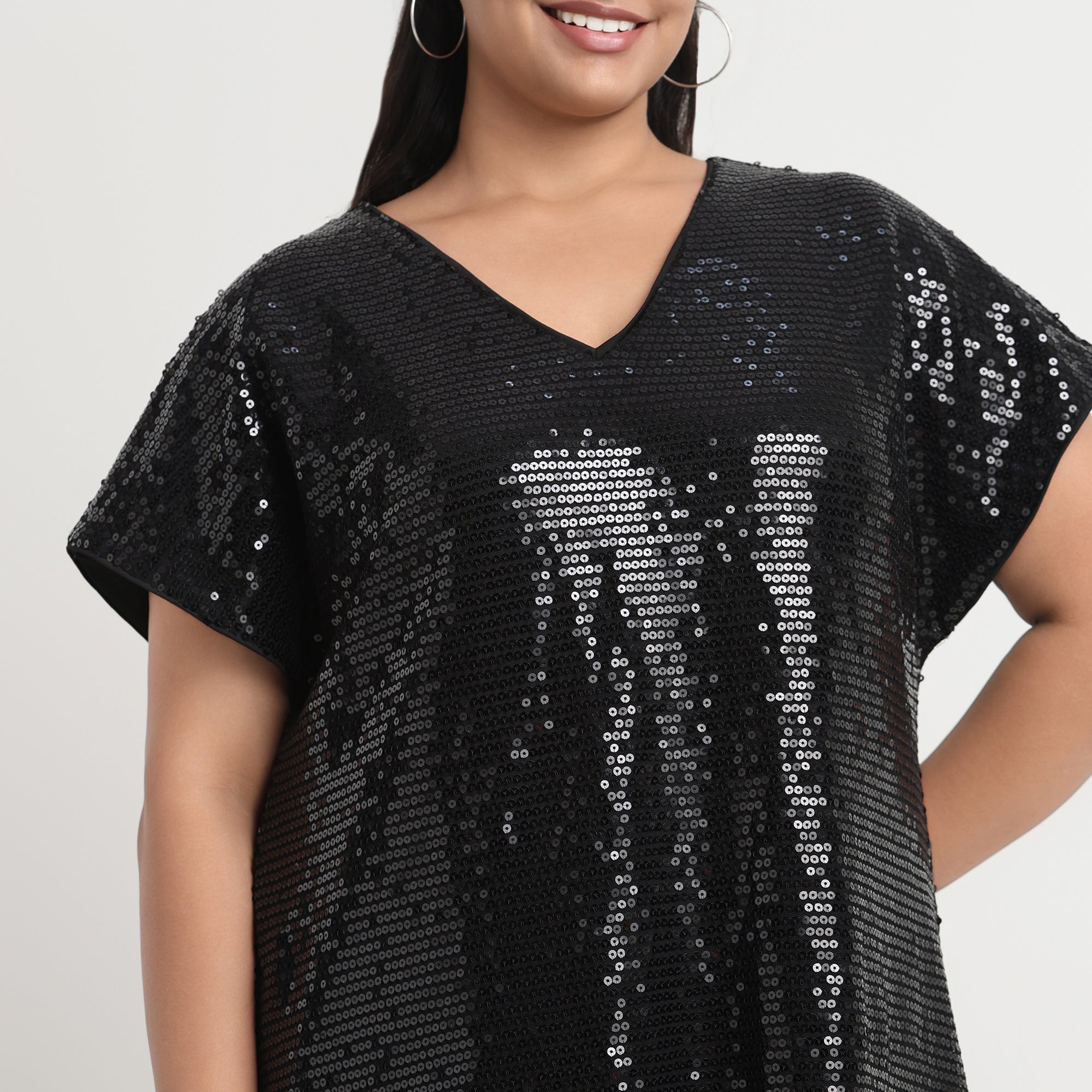  Black Sequin V-Neck Plus Size Shift Dress Close Up View
