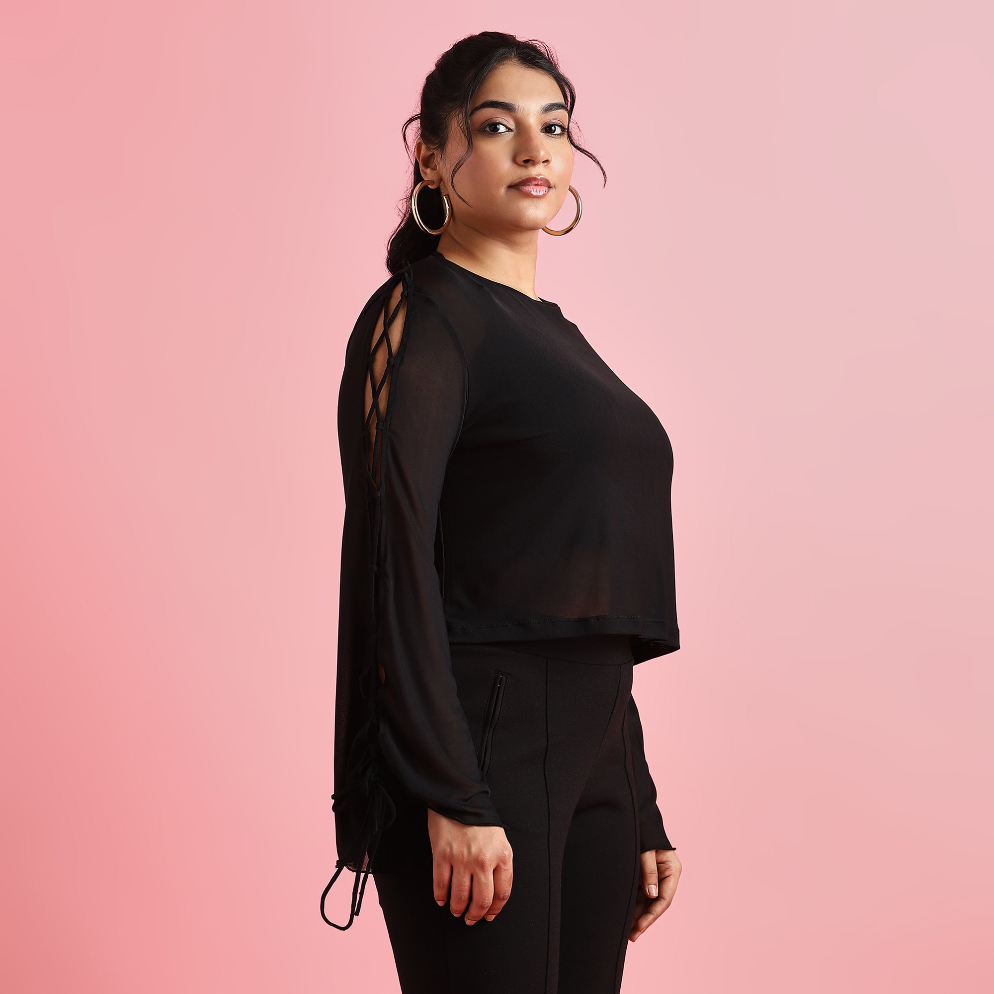 Black Plus Size Crisscross Sleeves Mesh Top