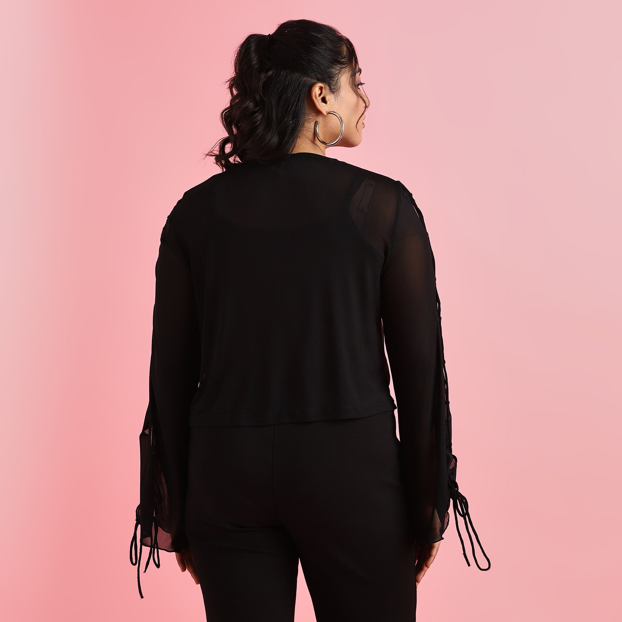 Black Plus Size Crisscross Sleeves Mesh Top