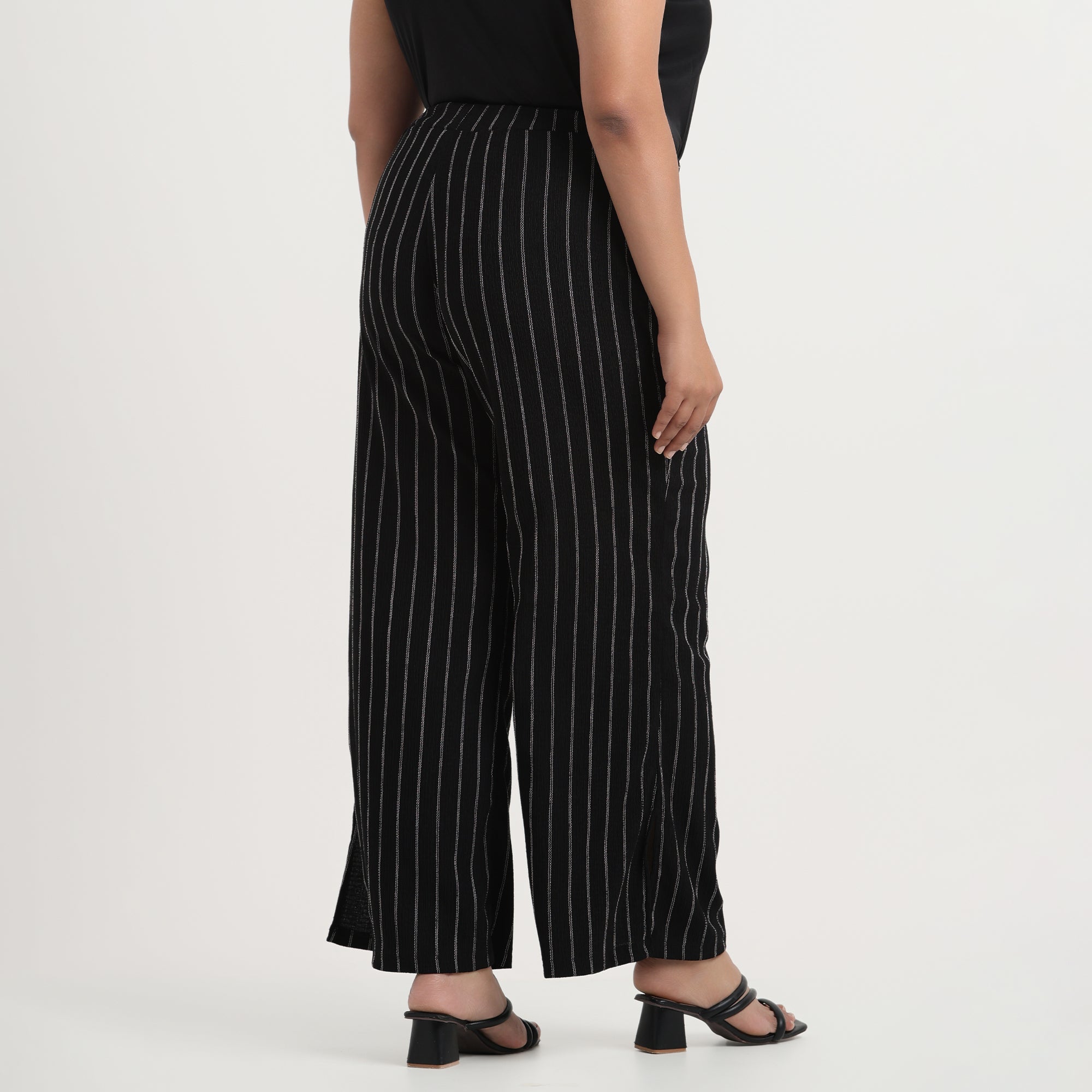 Black and White Stripes Textured Knit Flared Plus Size Pants