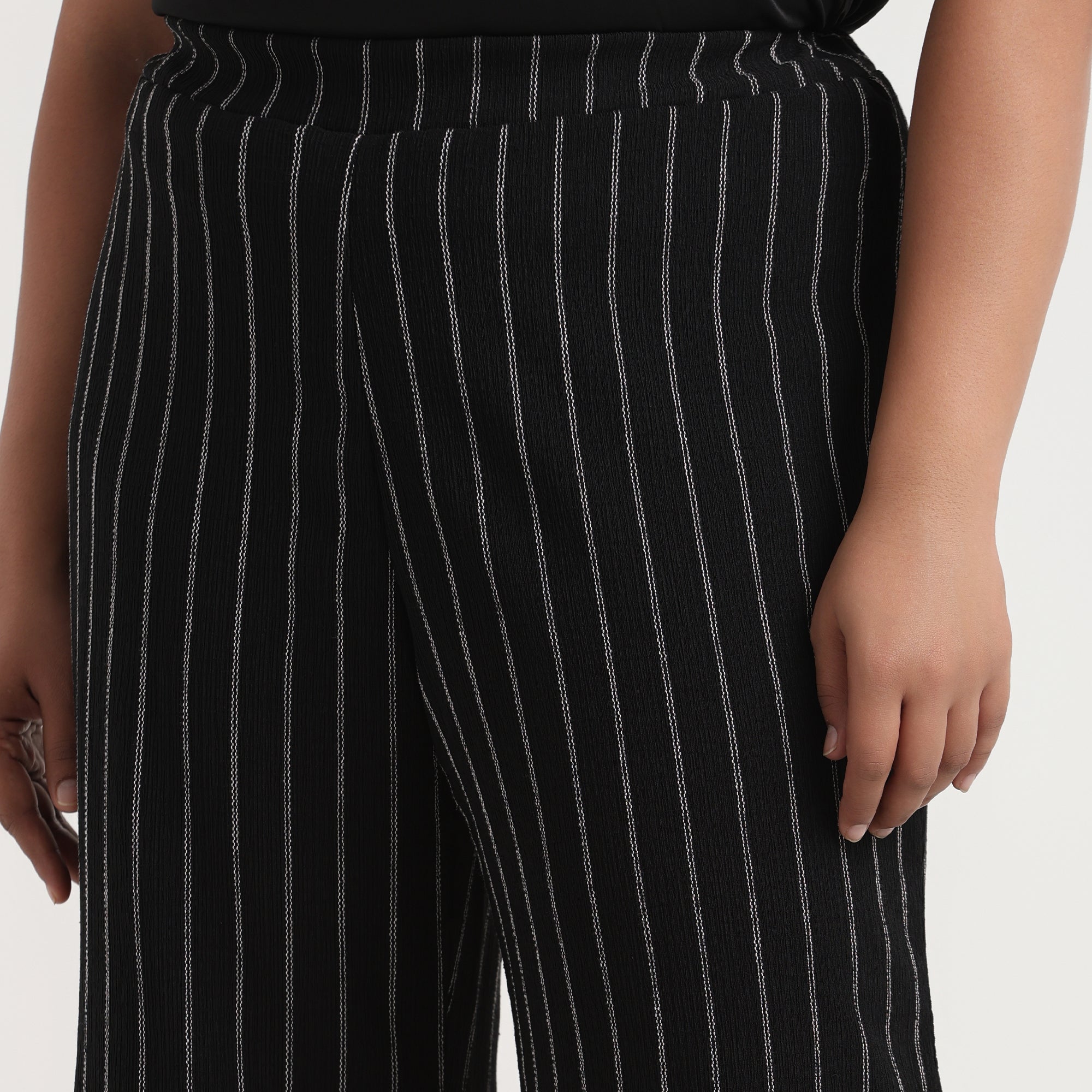 Black and White Stripes Textured Knit Flared Plus Size Pants