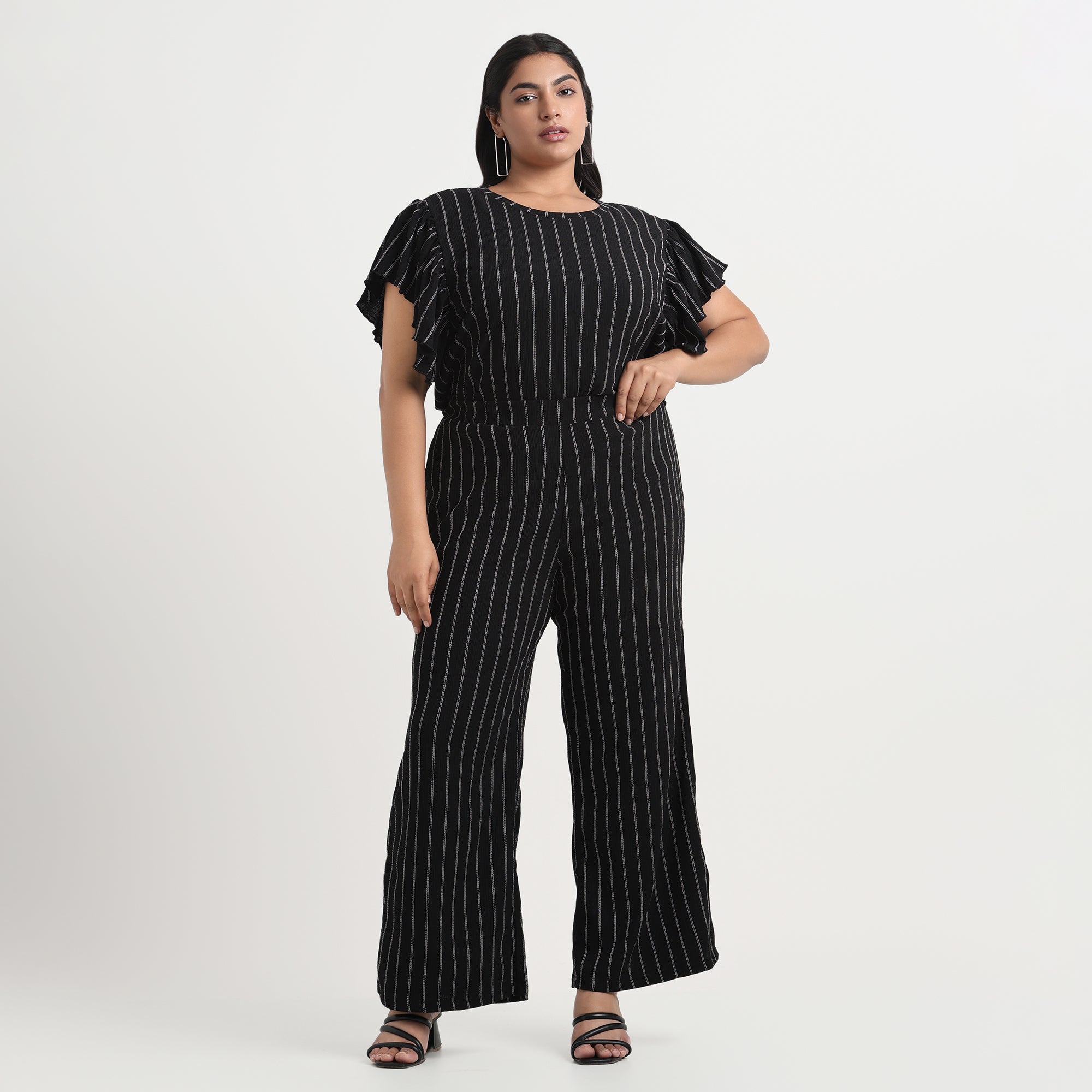 Black and White Stripes Textured Knit Flared Plus Size Pants