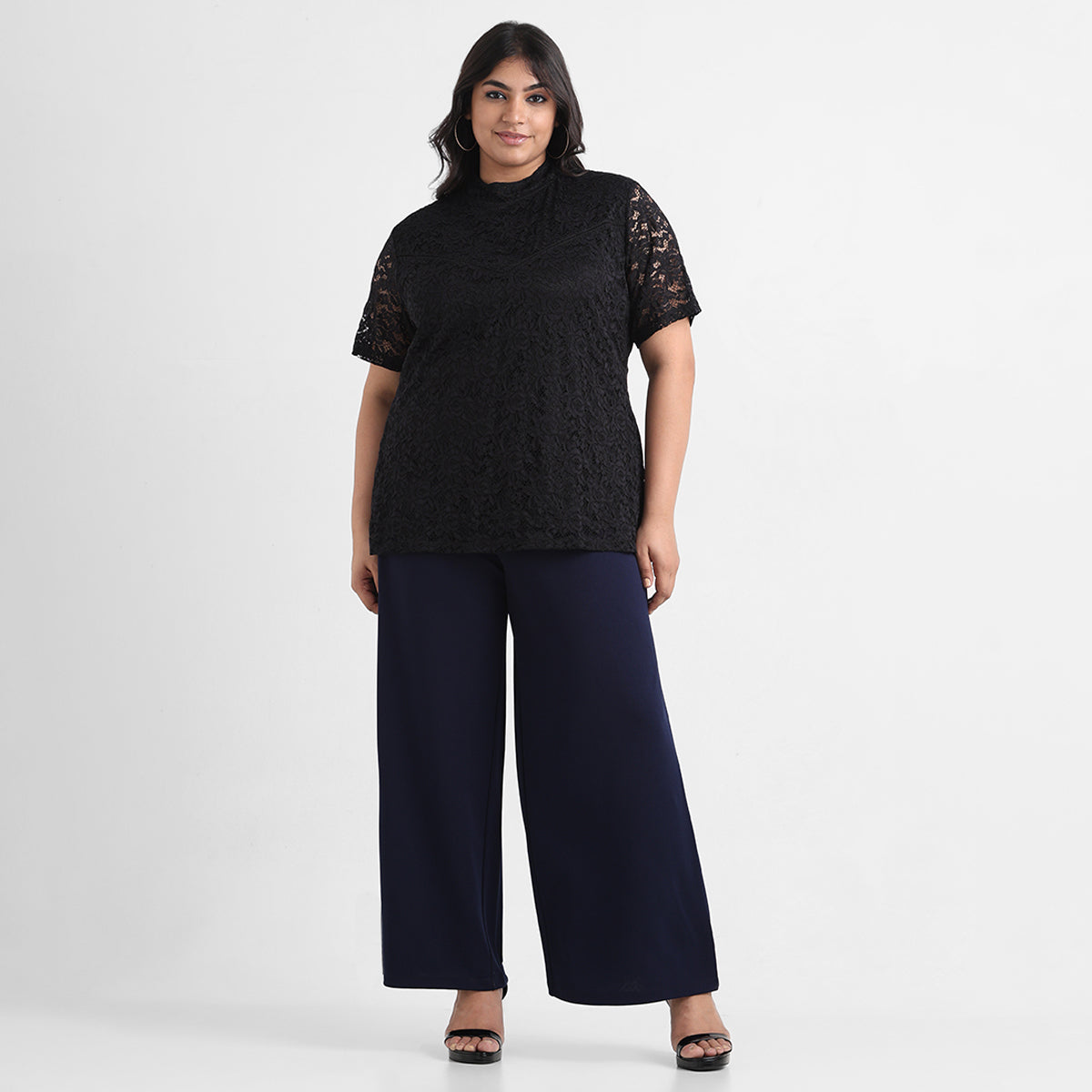 Black plus size knit lace top