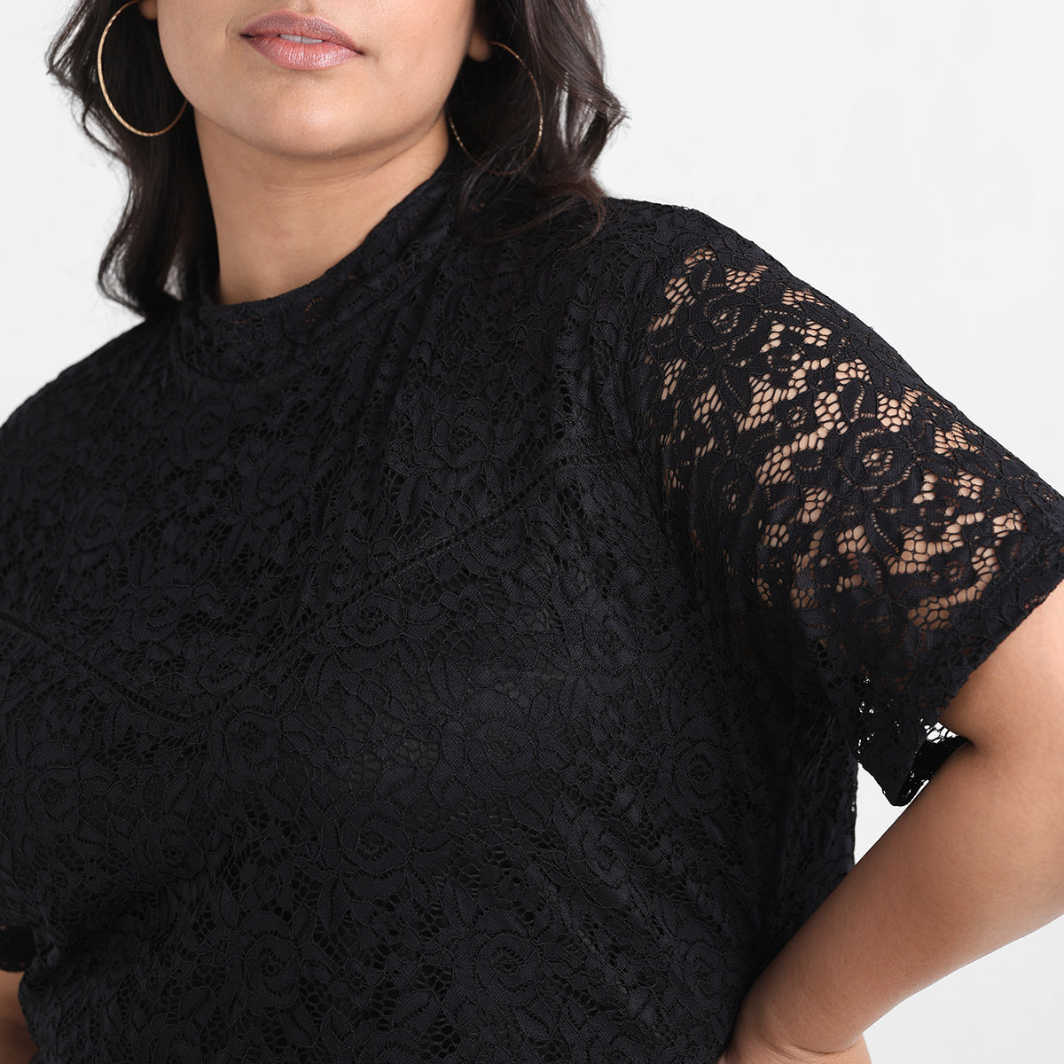 Black plus size knit lace top