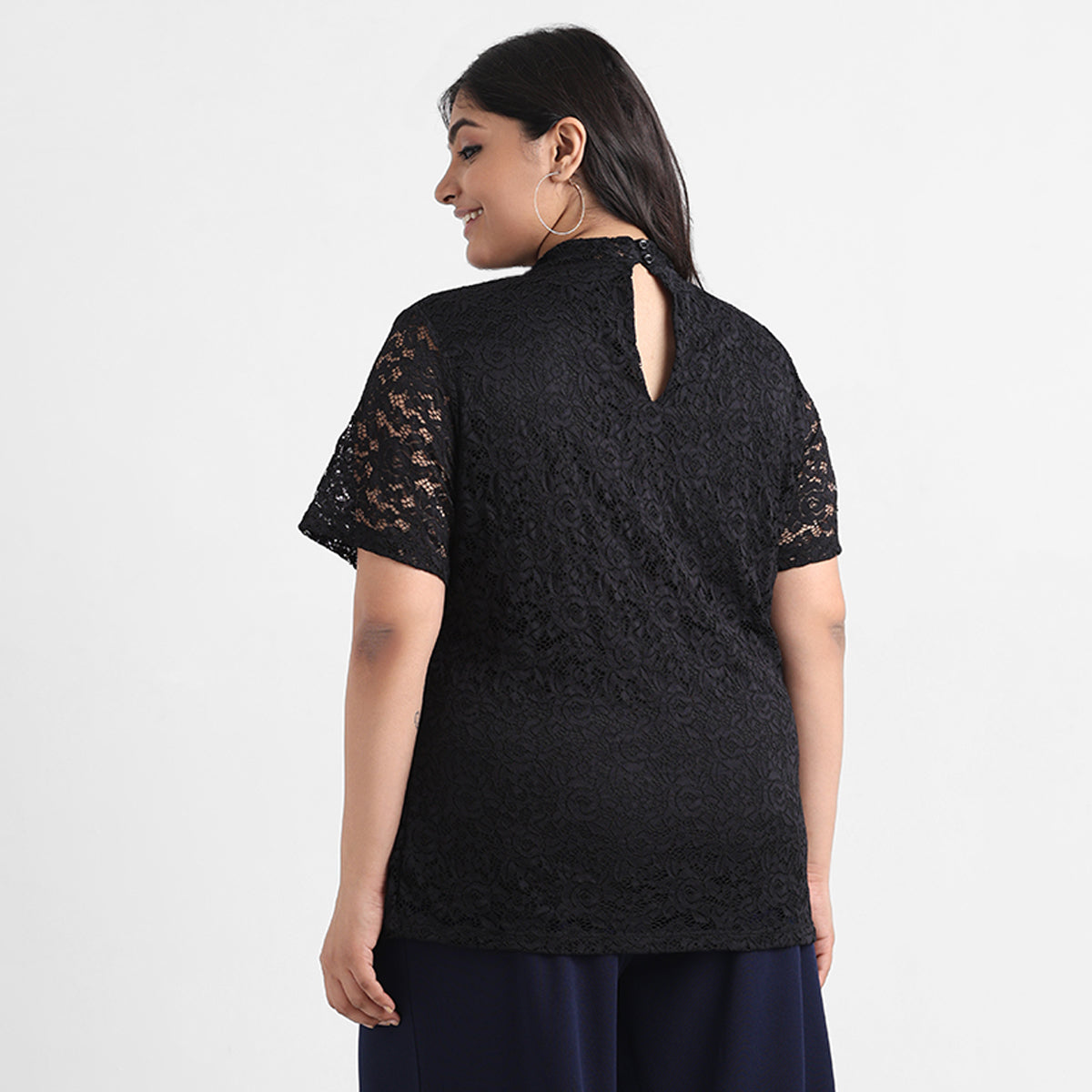 Black plus size knit lace top