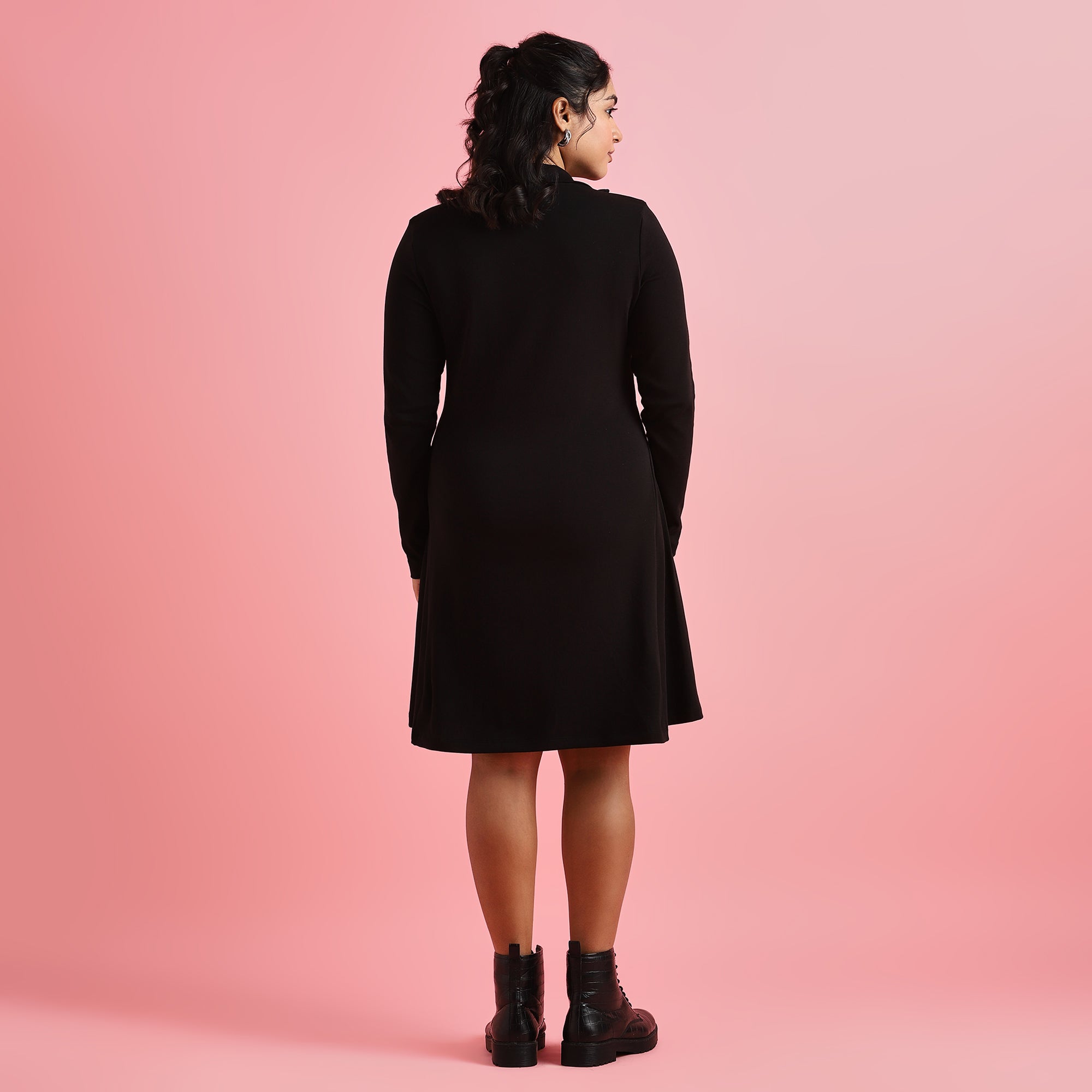 Black Rib Plus Size Zipper Skater Dress