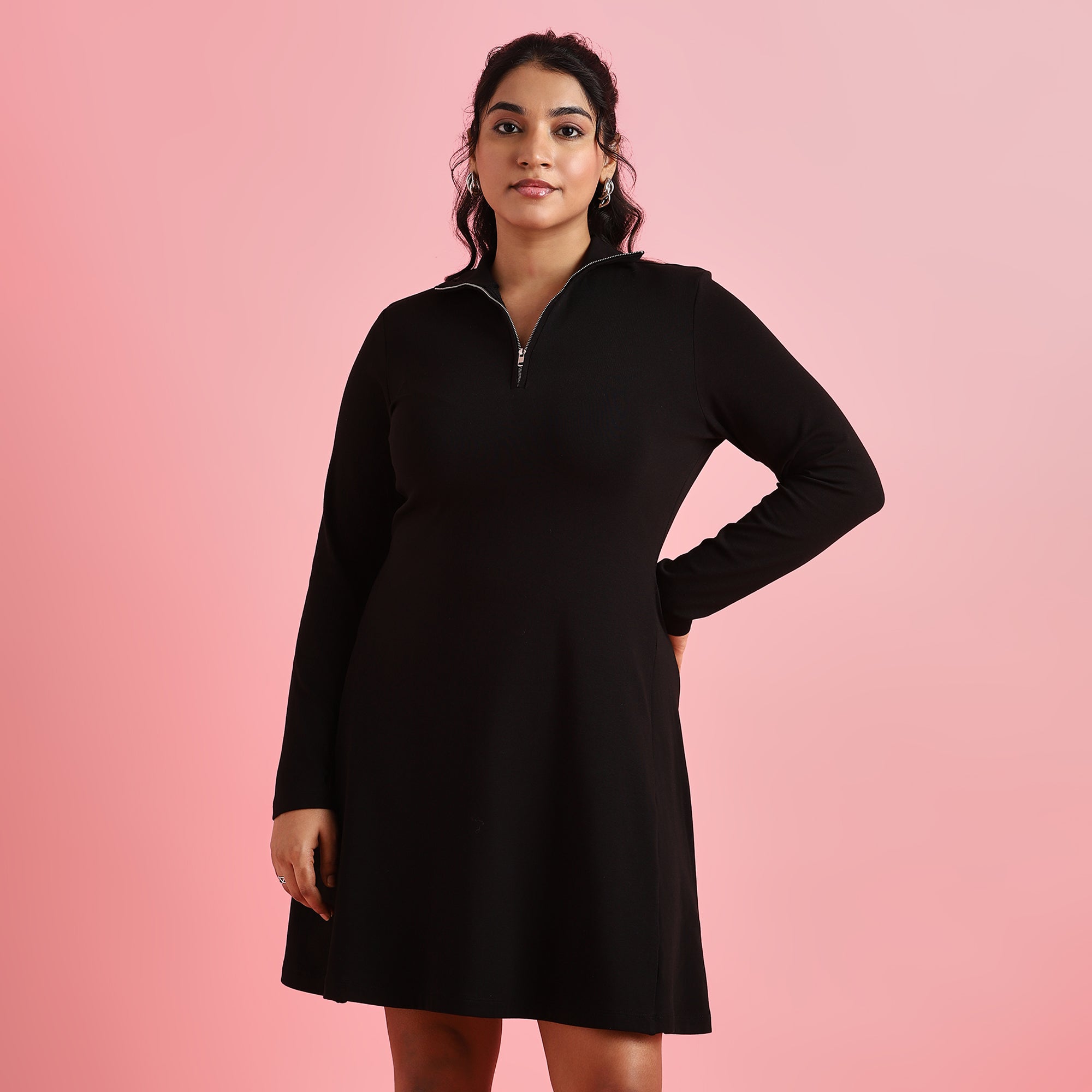 Black Rib Plus Size Zipper Skater Dress