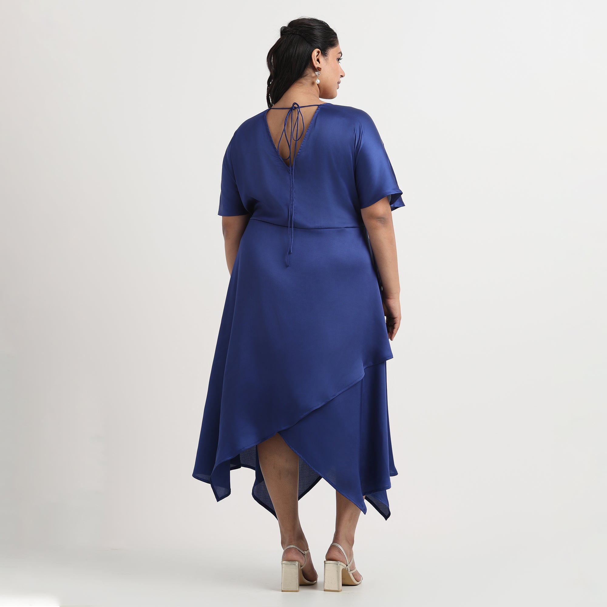 Blue satin dress with V-neckline, plus size evening dress
