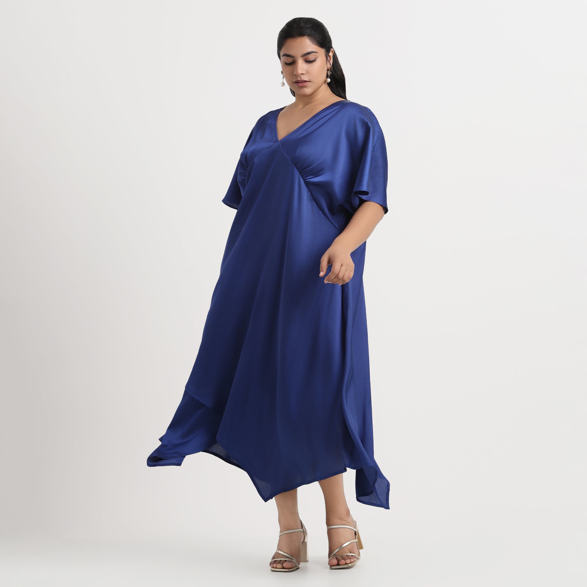 Blue satin dress with a V-neckline, plus size
