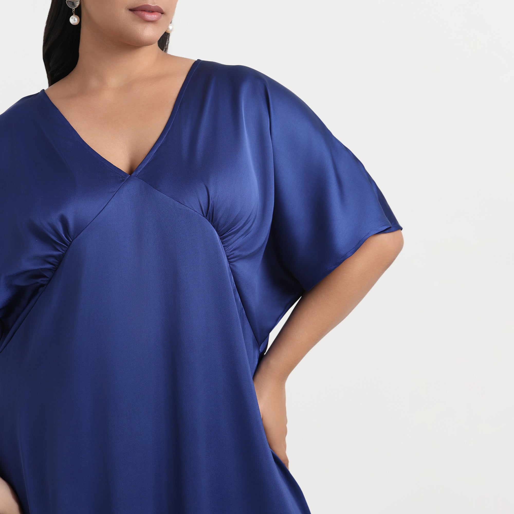 Elegant blue satin dress, V-neckline, plus size
